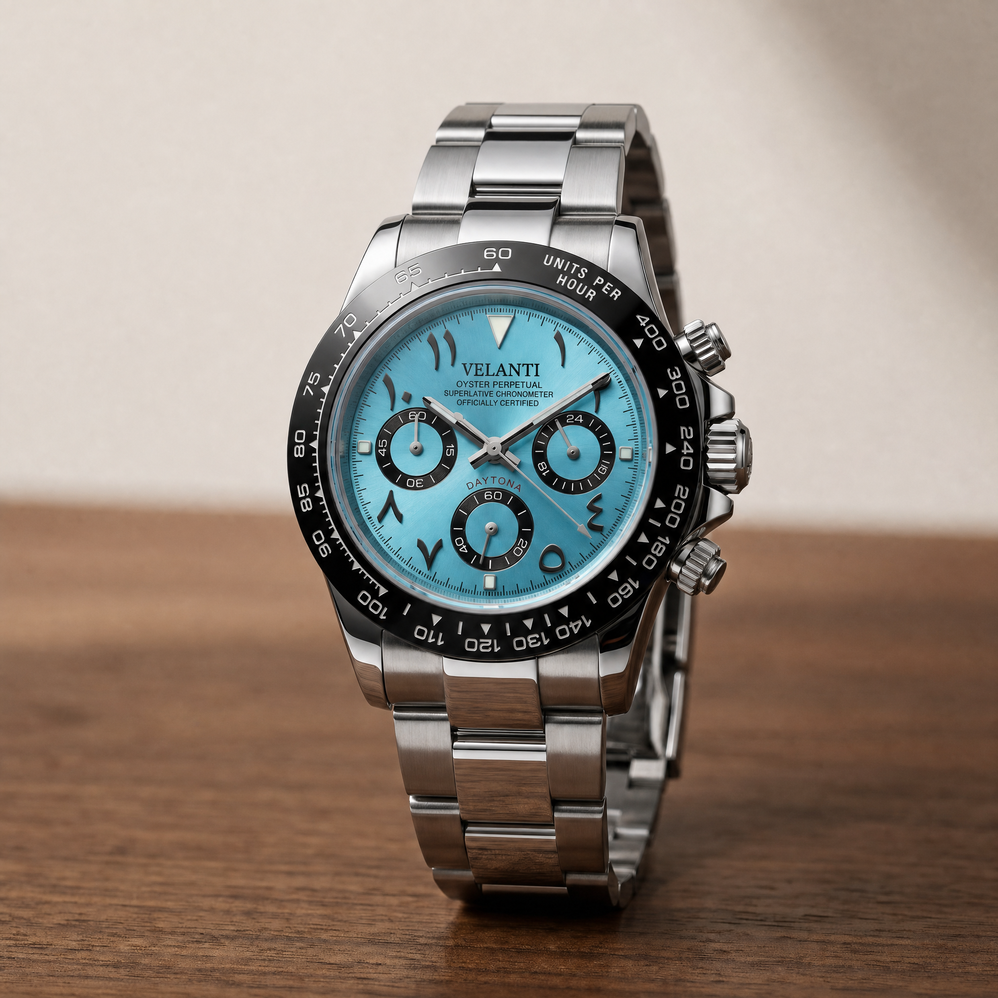 Daytona-style chronograph watch, Velanti Milano Veltona Arabic Ice Blue, watch detail photo 10