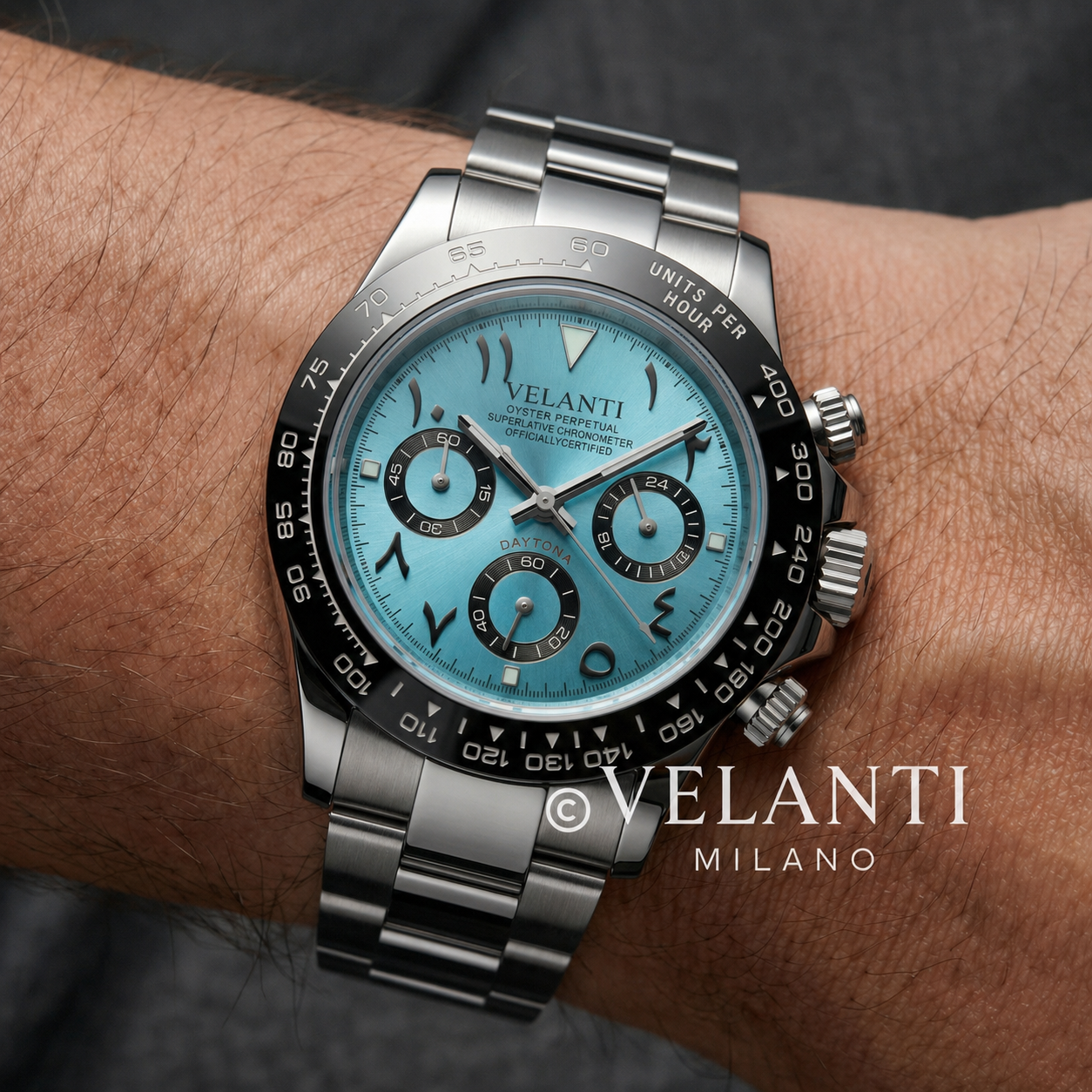 Daytona-style chronograph watch, Velanti Milano Veltona Arabic Ice Blue, product photo 2