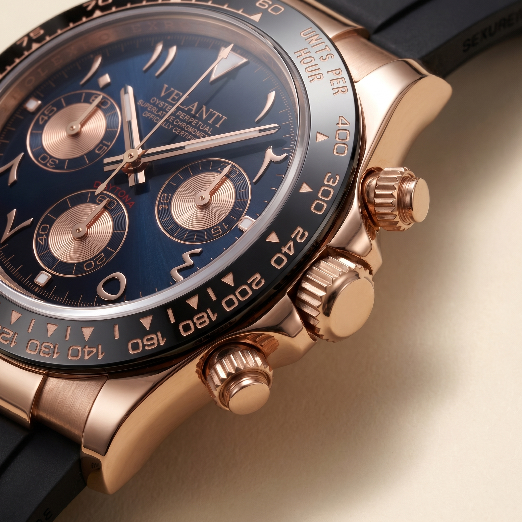 Daytona-style chronograph watch, Velanti Milano Veltona Arabic Rose Gold, product photo 10
