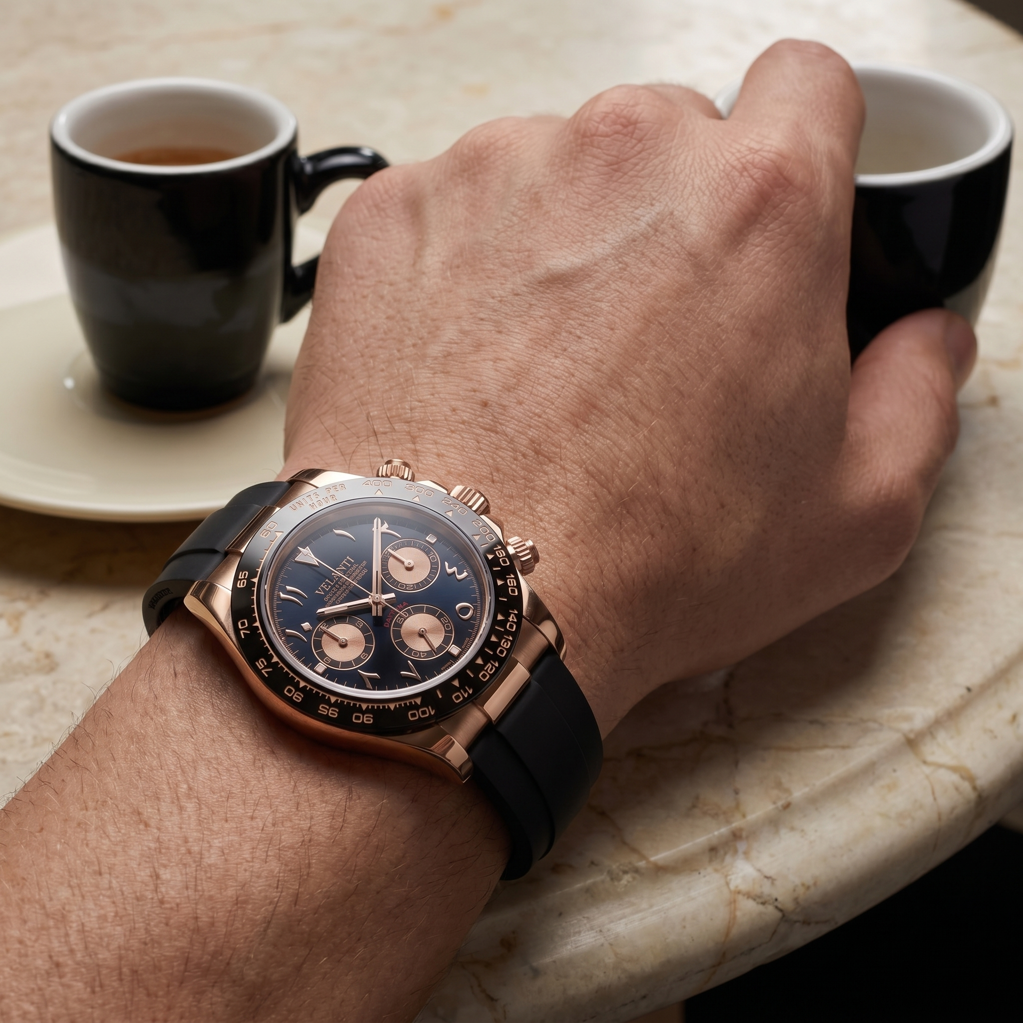 Daytona-style chronograph watch, Velanti Milano Veltona Arabic Rose Gold, product photo 3