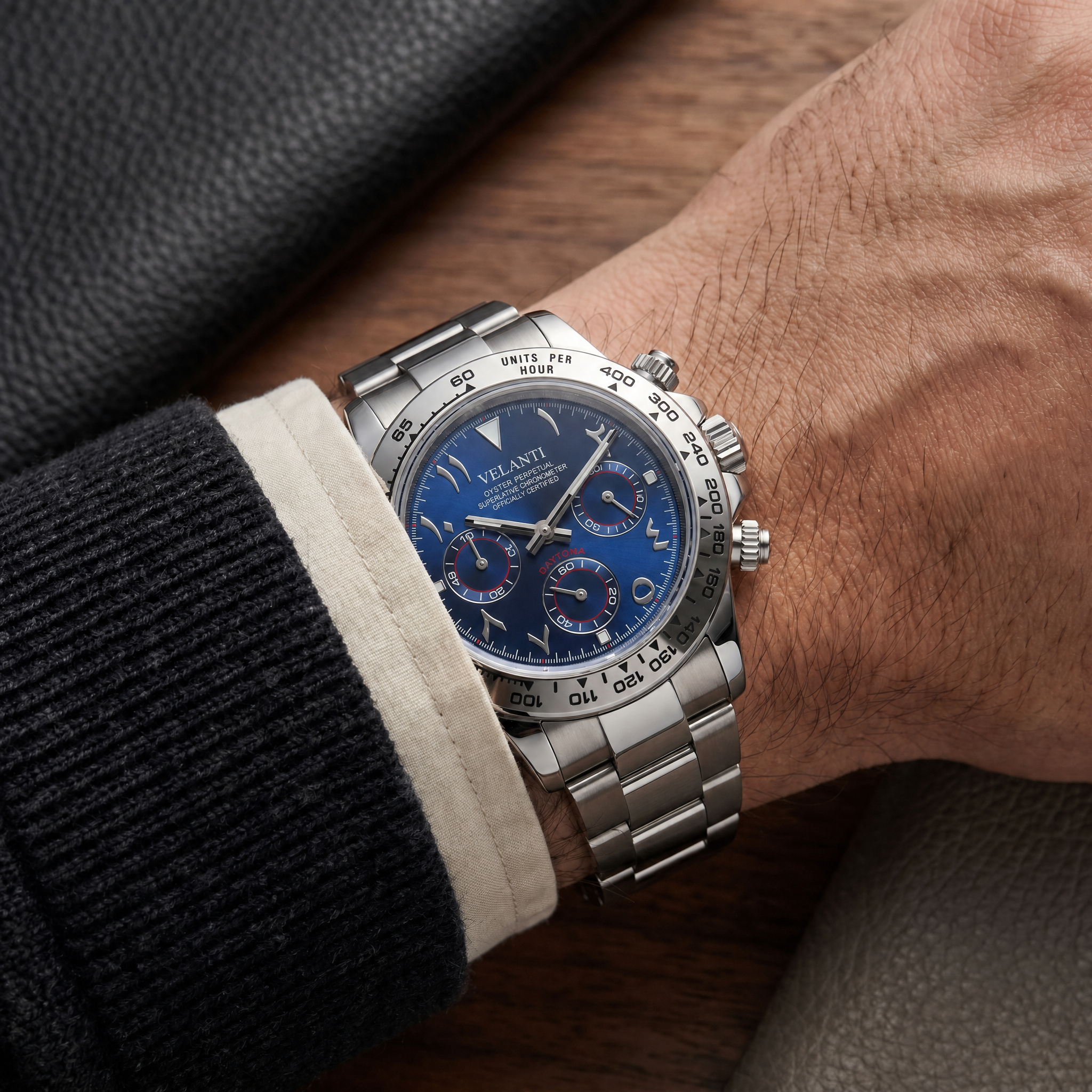Daytona-style chronograph watch, Velanti Milano Veltona Arabic Royal Blue, product photo 6