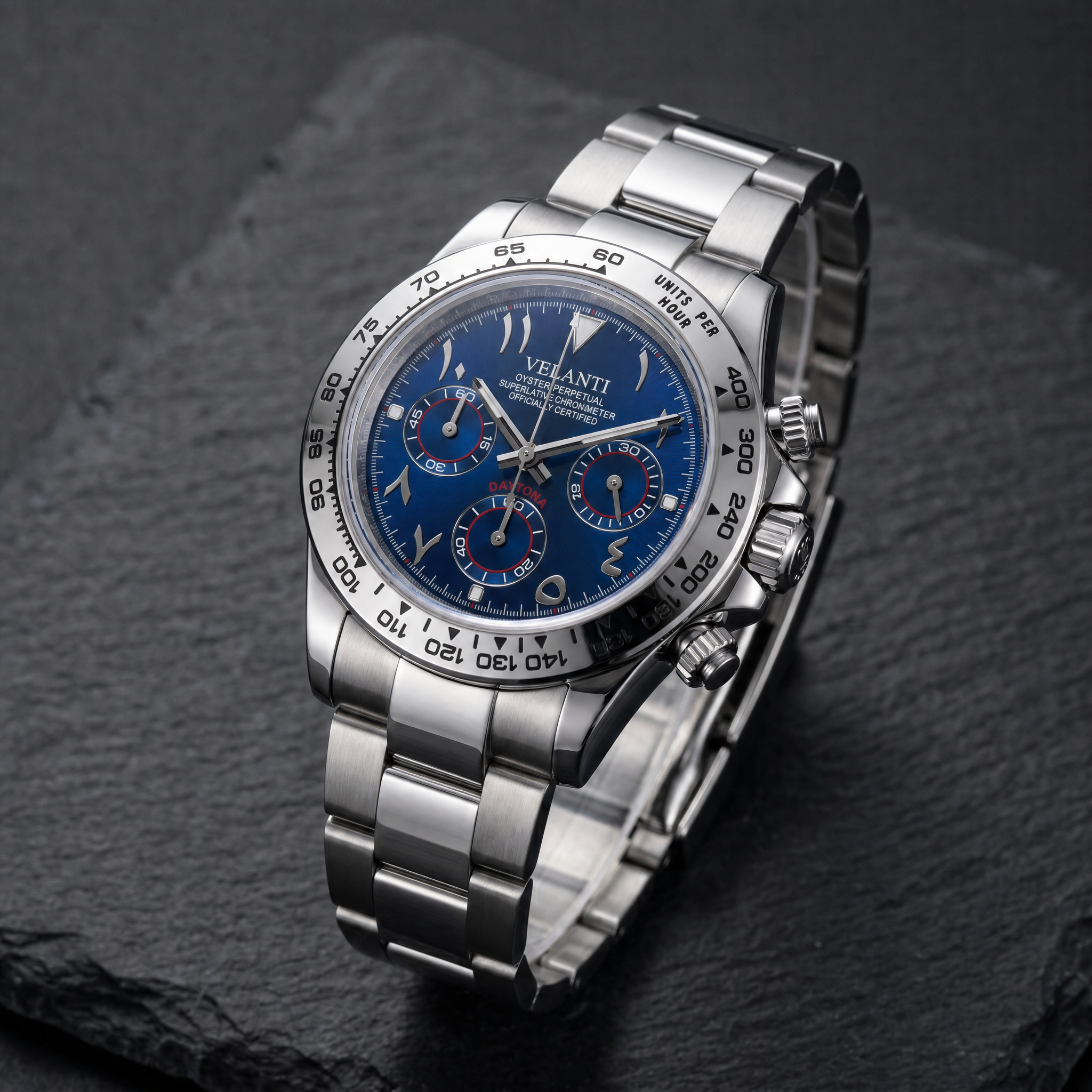 Daytona-style chronograph watch, Velanti Milano Veltona Arabic Royal Blue, bracelet detail photo