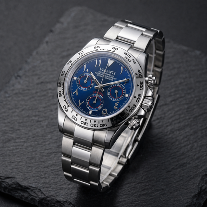 Daytona-style custom chronograph watch, Velanti Milano Veltona Arabic Royal Blue, bracelet detail photo