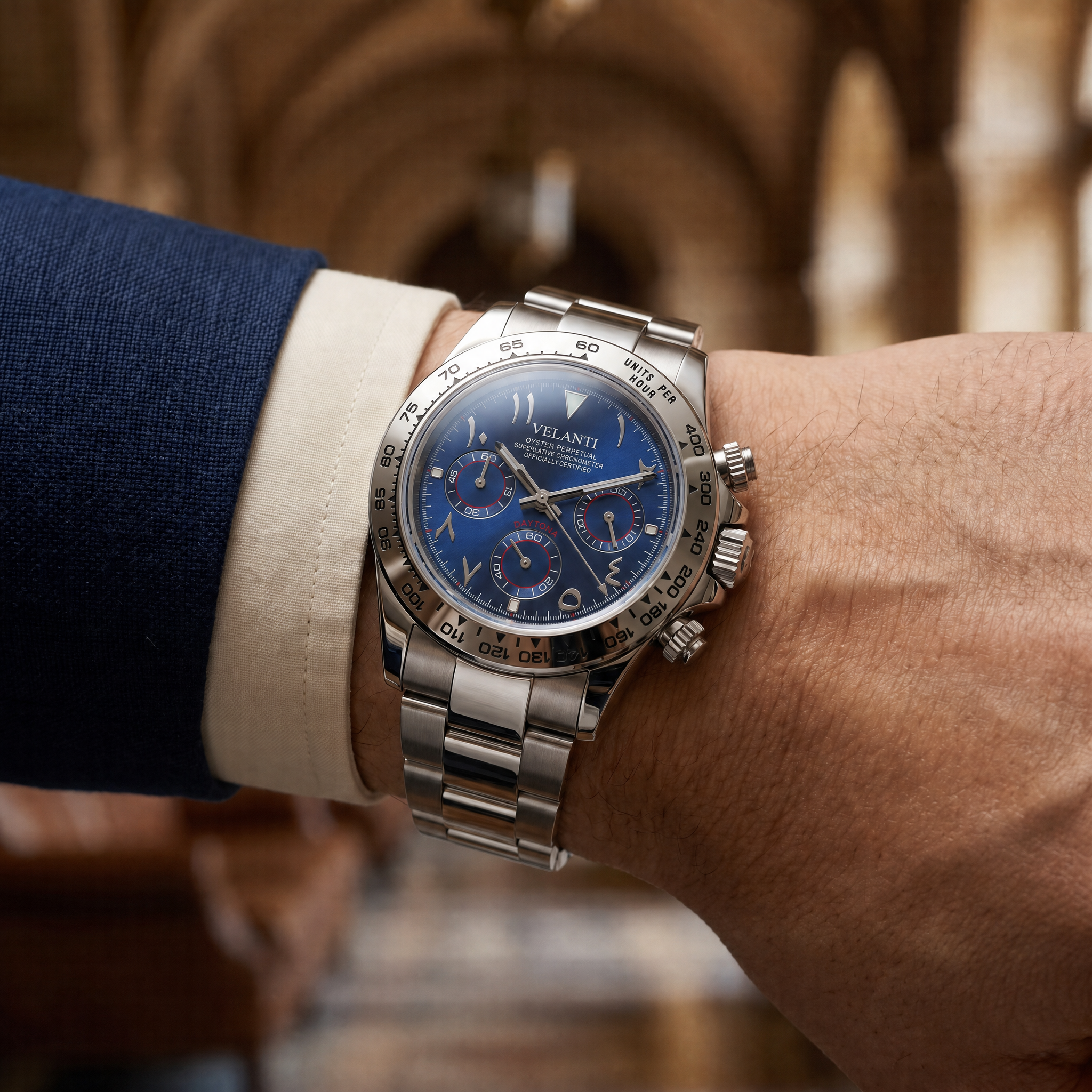 Daytona-style chronograph watch, Velanti Milano Veltona Arabic Royal Blue, product photo 8
