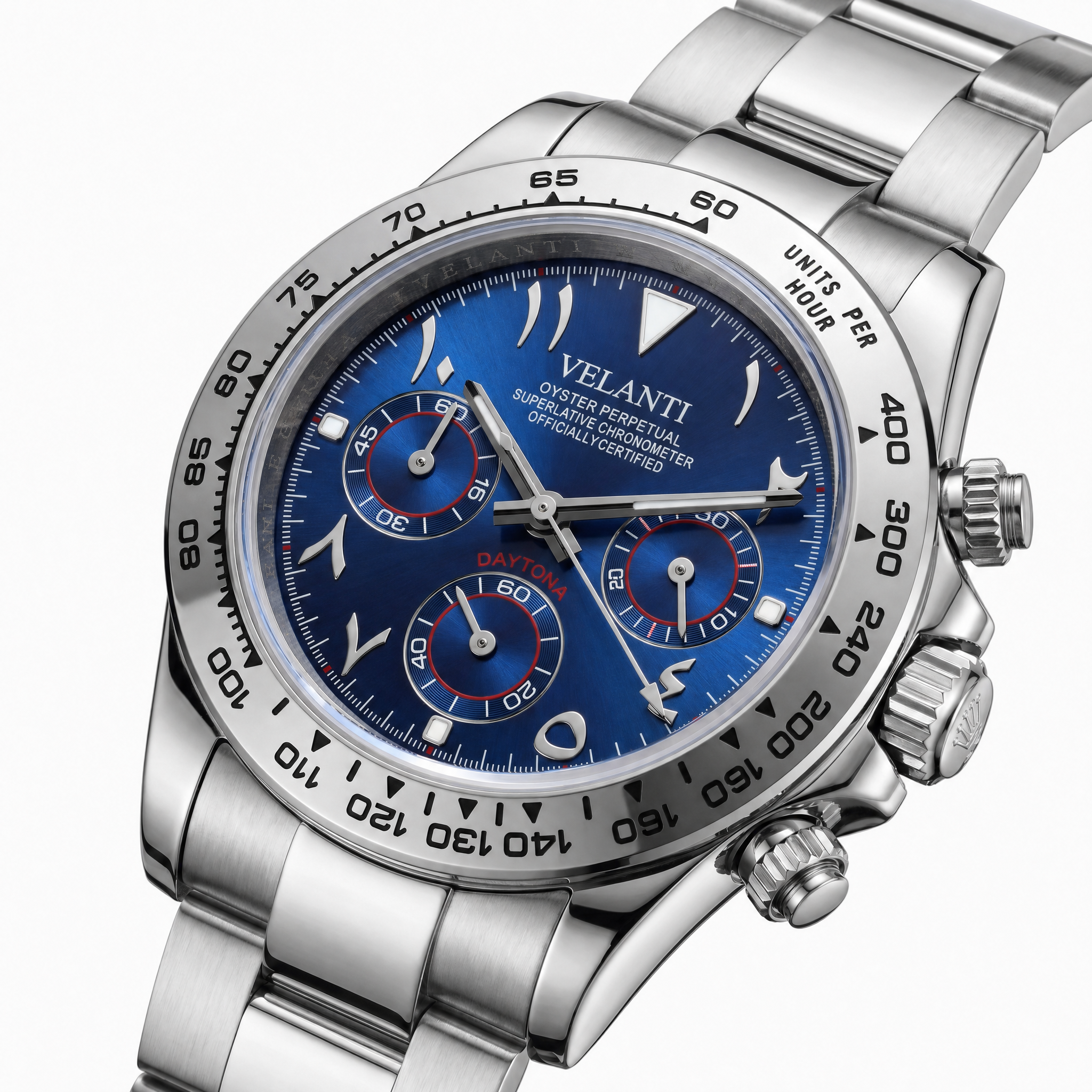 Daytona-style chronograph watch, Velanti Milano Veltona Arabic Royal Blue, watch detail photo