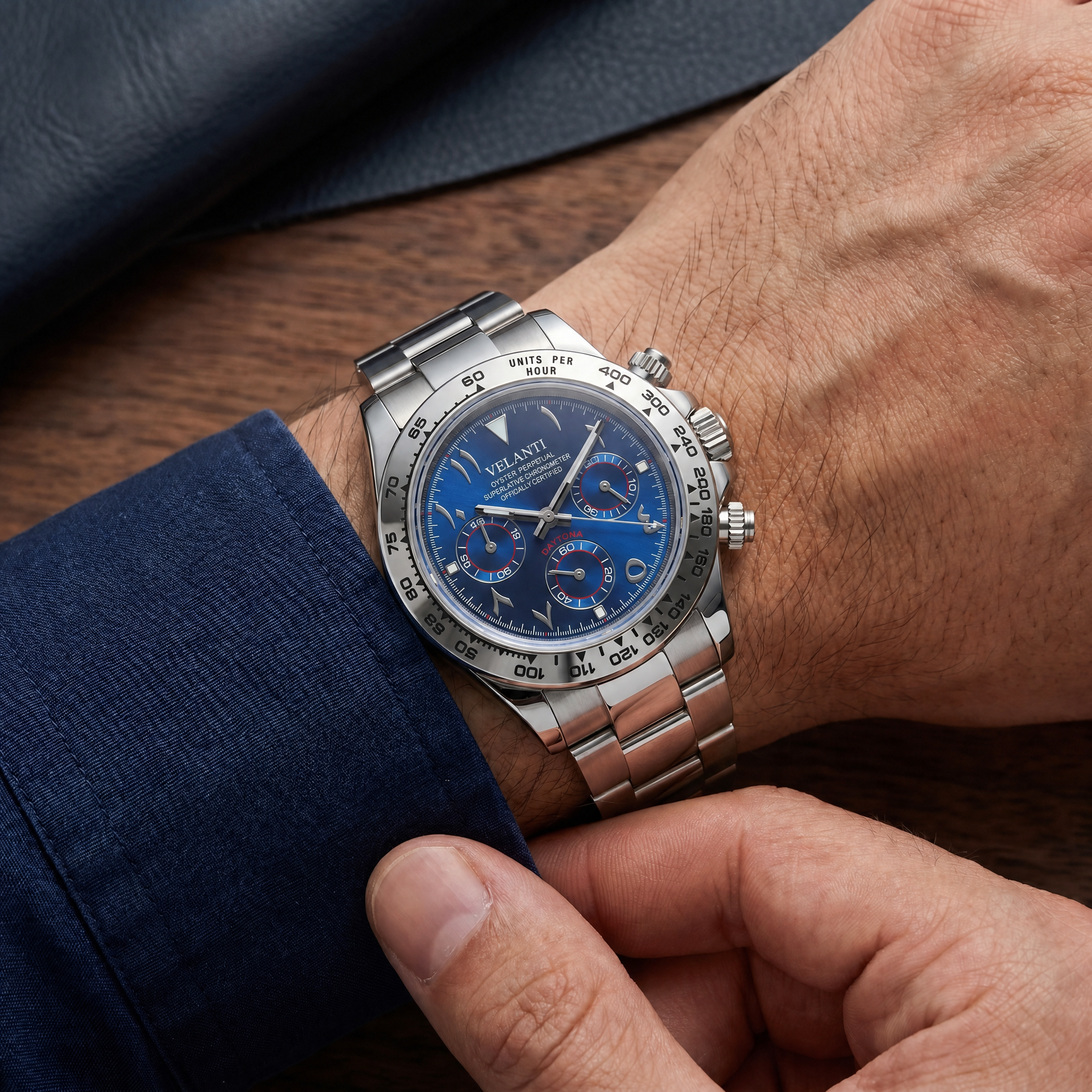 Daytona-style chronograph watch, Velanti Milano Veltona Arabic Royal Blue worn on wrist