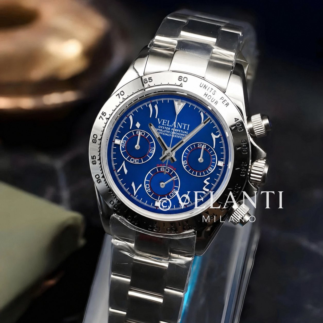 Daytona-style chronograph watch, Velanti Milano Veltona Arabic Royal Blue, product photo 5