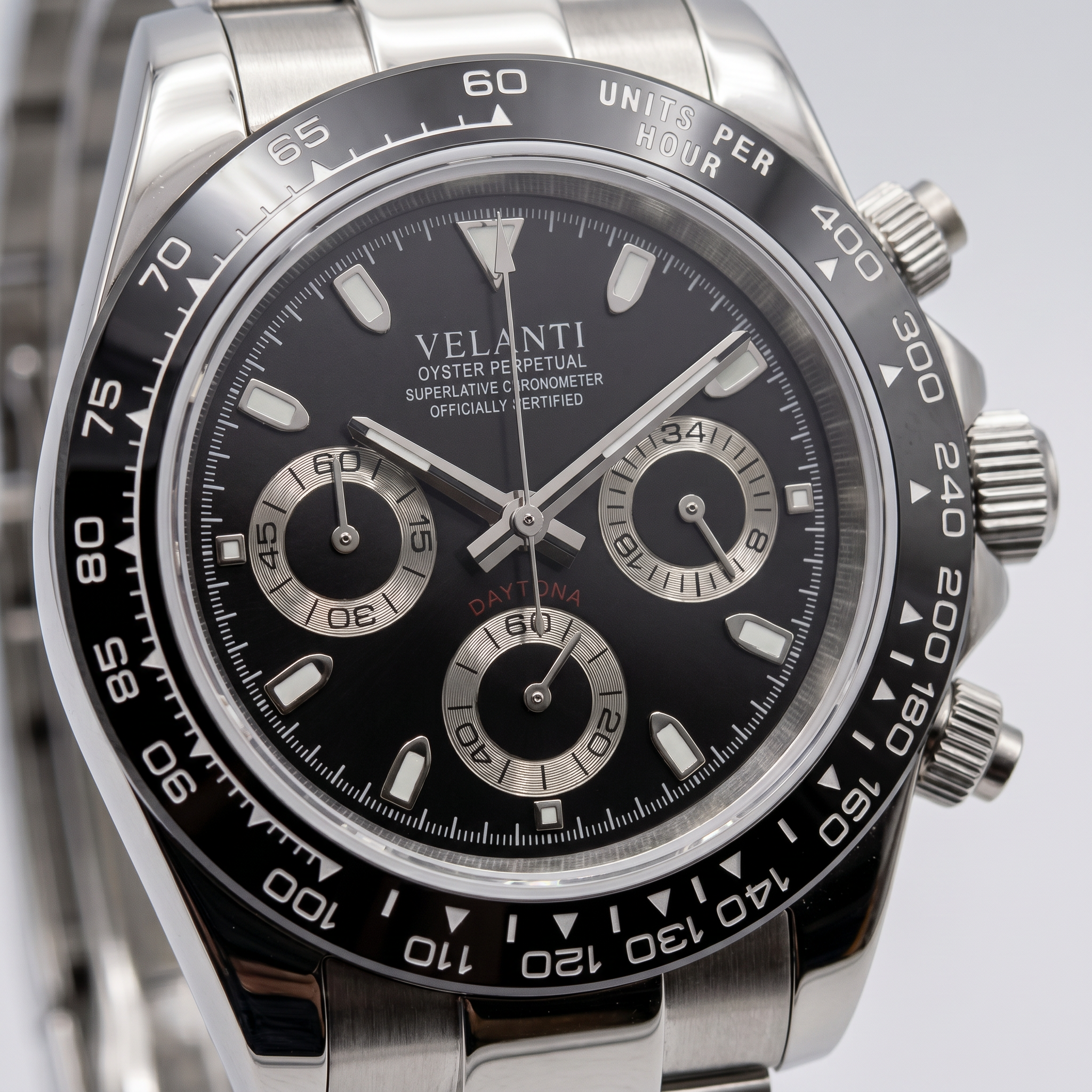 Daytona-style chronograph watch, Velanti Milano Veltona Black Panda, product photo 3