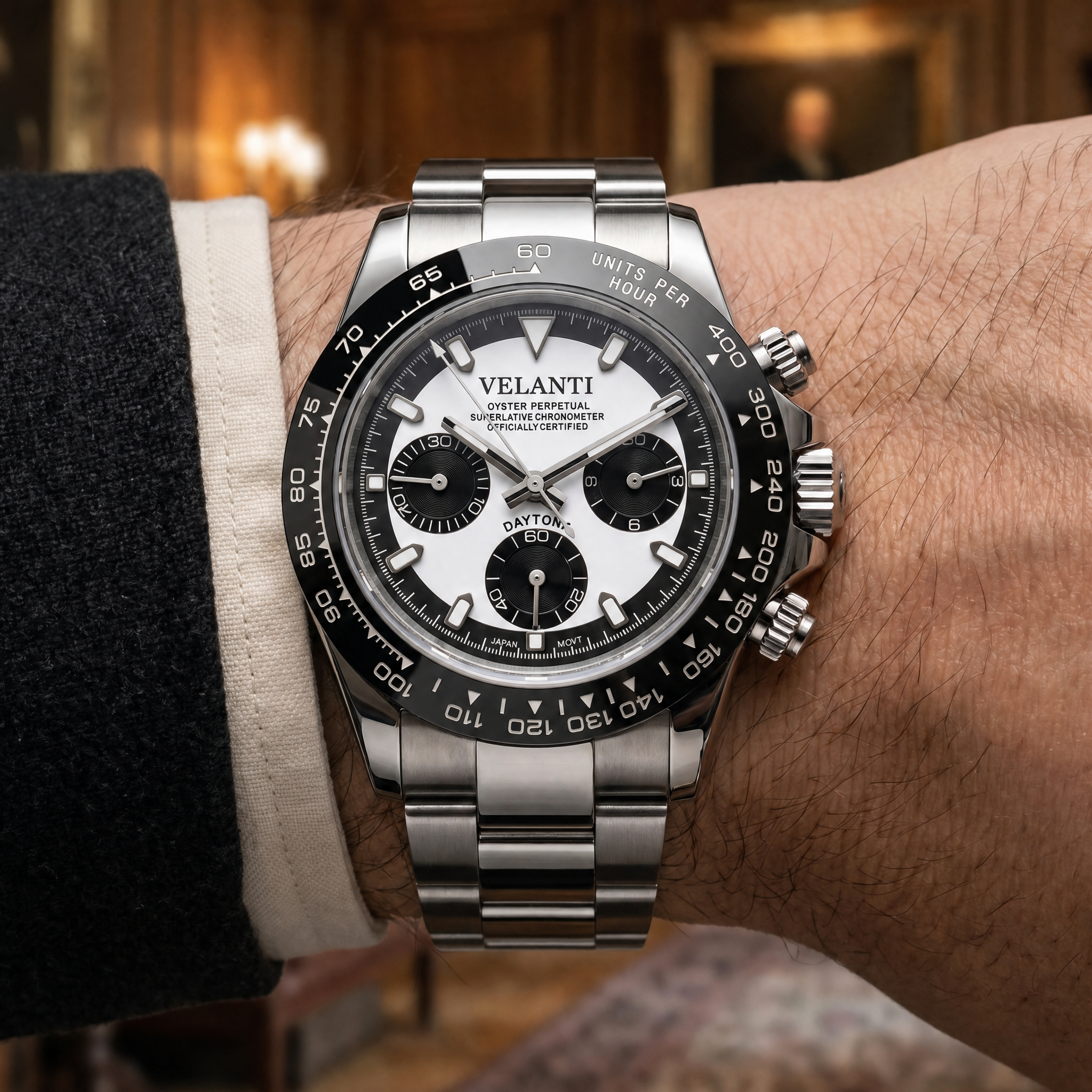 Daytona-style chronograph watch, Velanti Milano Veltona Black White, product photo 2