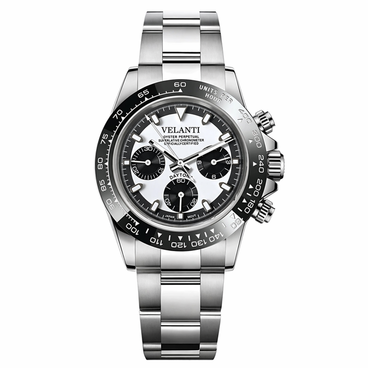 Daytona-style chronograph watch, Velanti Milano Veltona Black White, main product photo