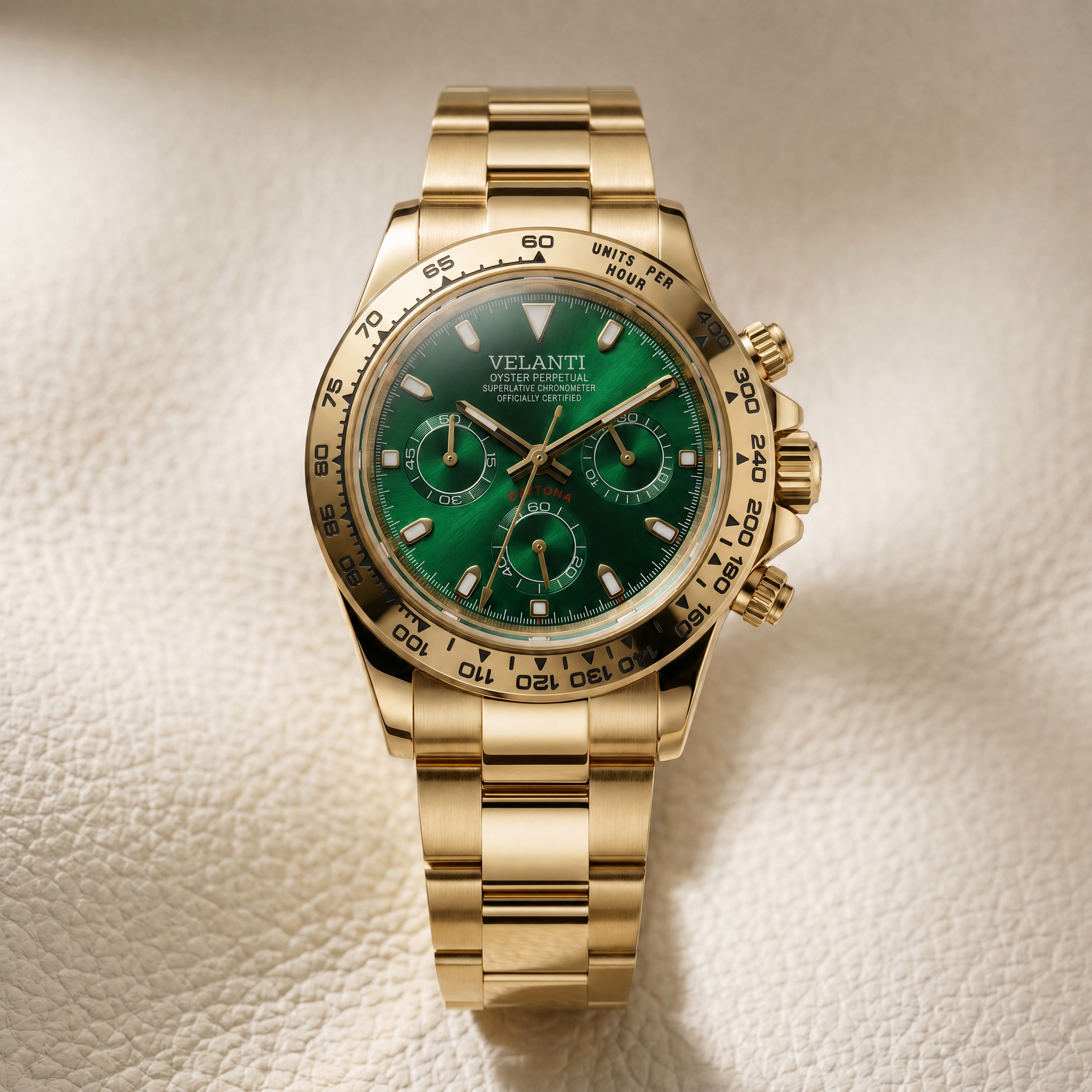 Daytona-style chronograph watch, Velanti Milano Veltona Gold Green, watch detail photo