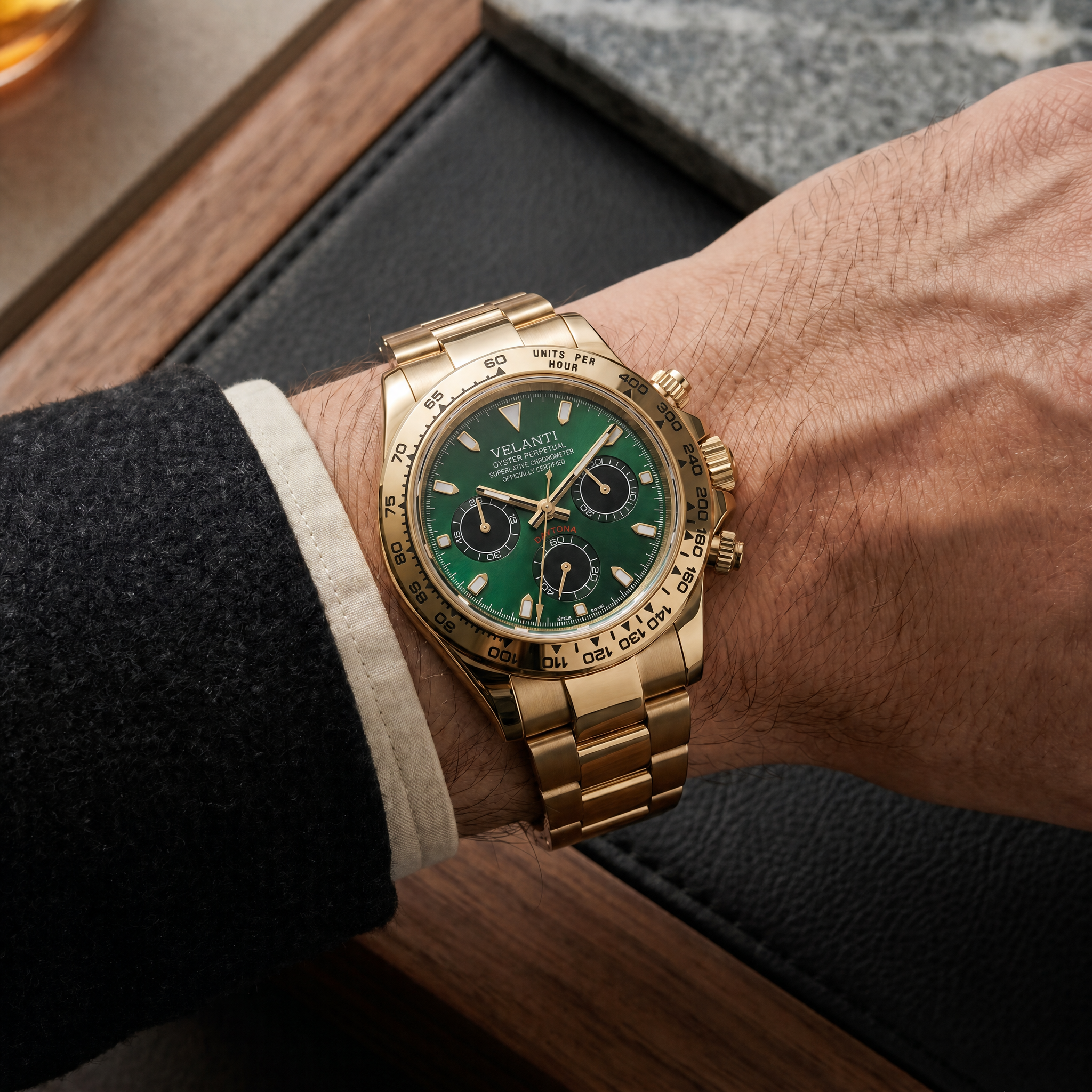 Daytona-style chronograph watch, Velanti Milano Veltona Gold Green worn on wrist