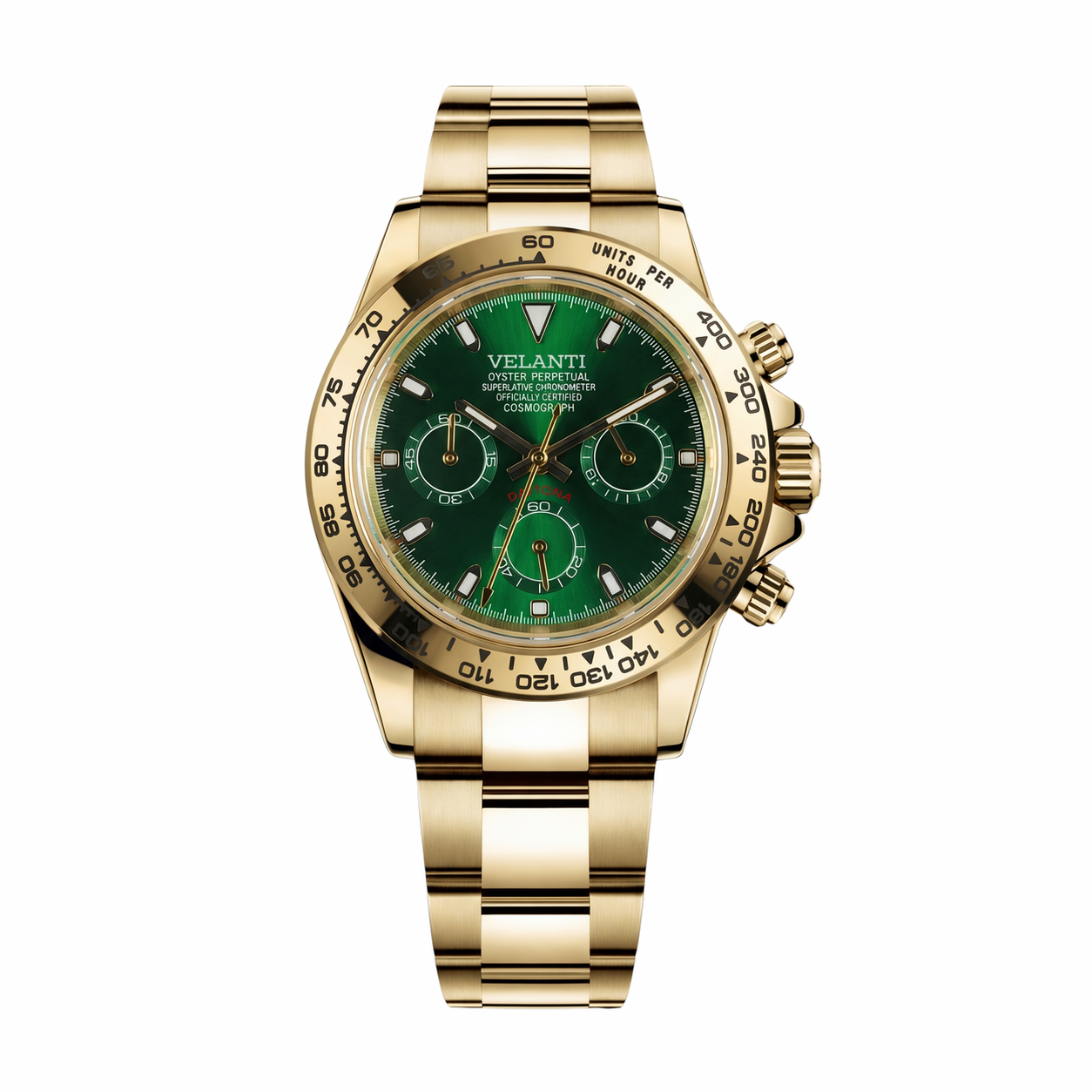 Daytona-style chronograph watch, Velanti Milano Veltona Gold Green, main product photo