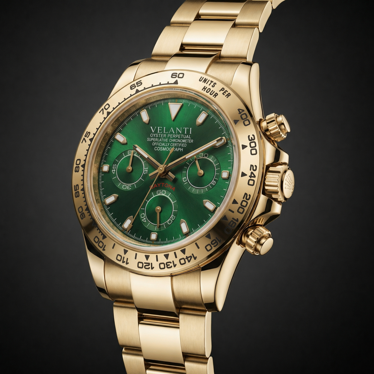 Daytona-style chronograph watch, Velanti Milano Veltona Gold Green, product photo 2