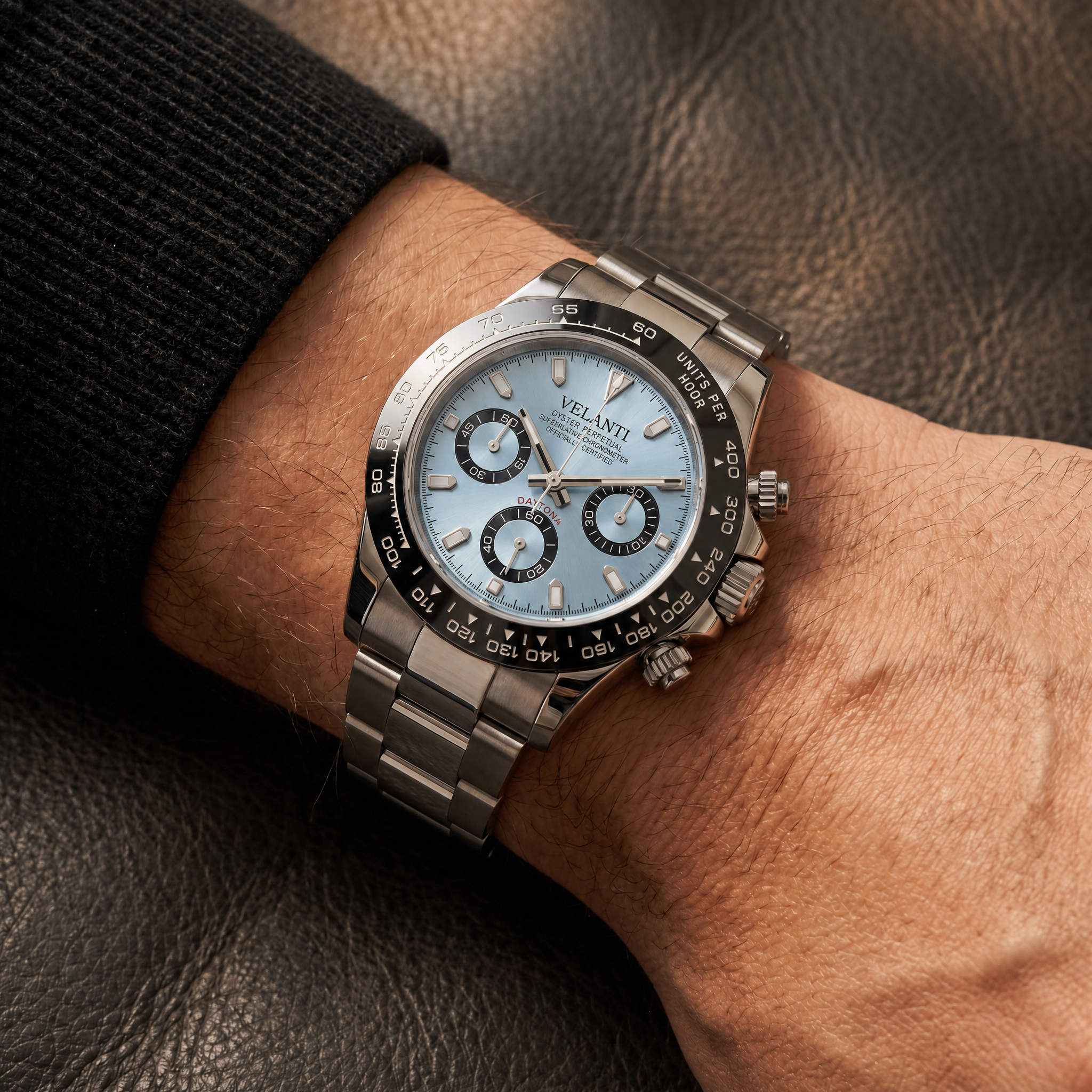 Daytona-style chronograph watch, Velanti Milano Veltona Ice Blue worn on wrist