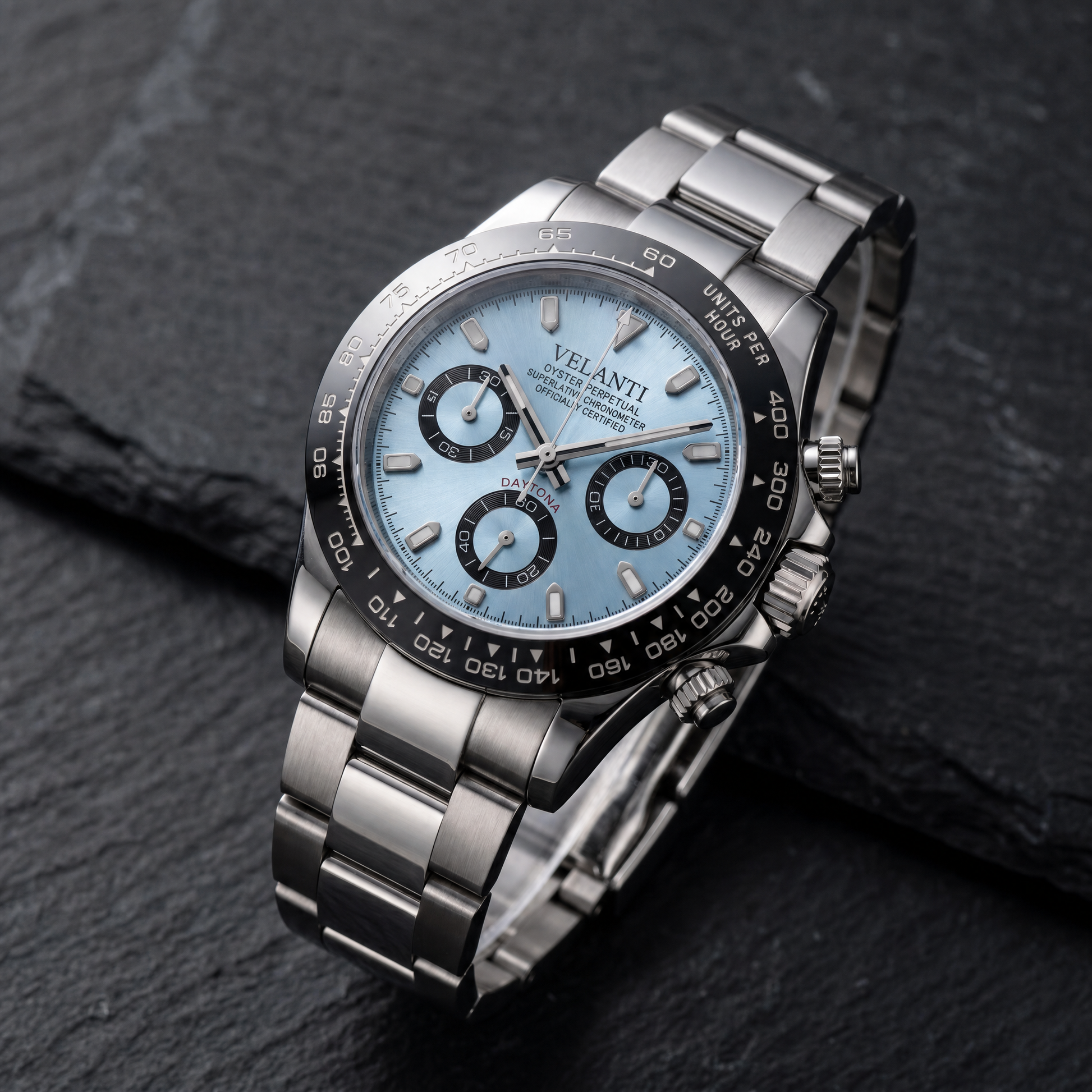Daytona-style custom chronograph watch, Velanti Milano Veltona Ice Blue, bracelet detail photo