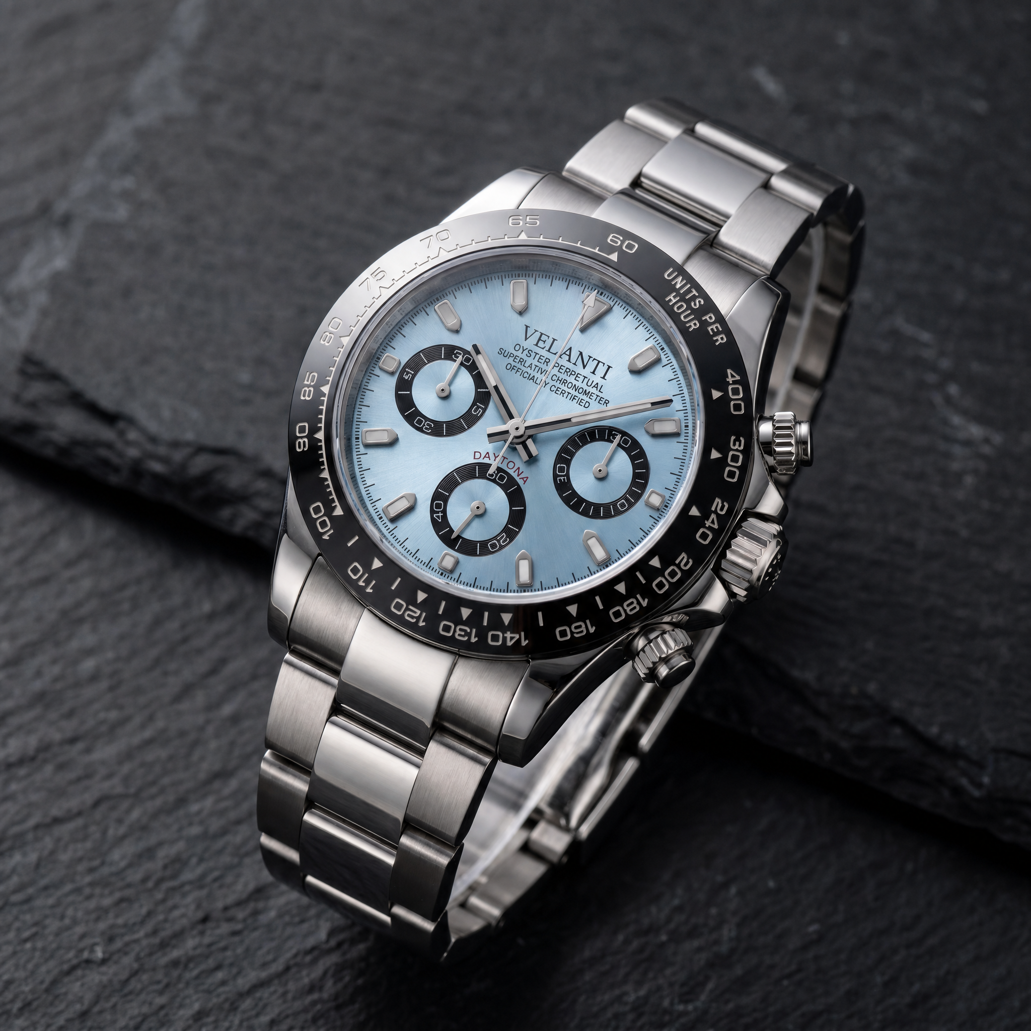 Daytona-style chronograph watch, Velanti Milano Veltona Ice Blue, bracelet detail photo