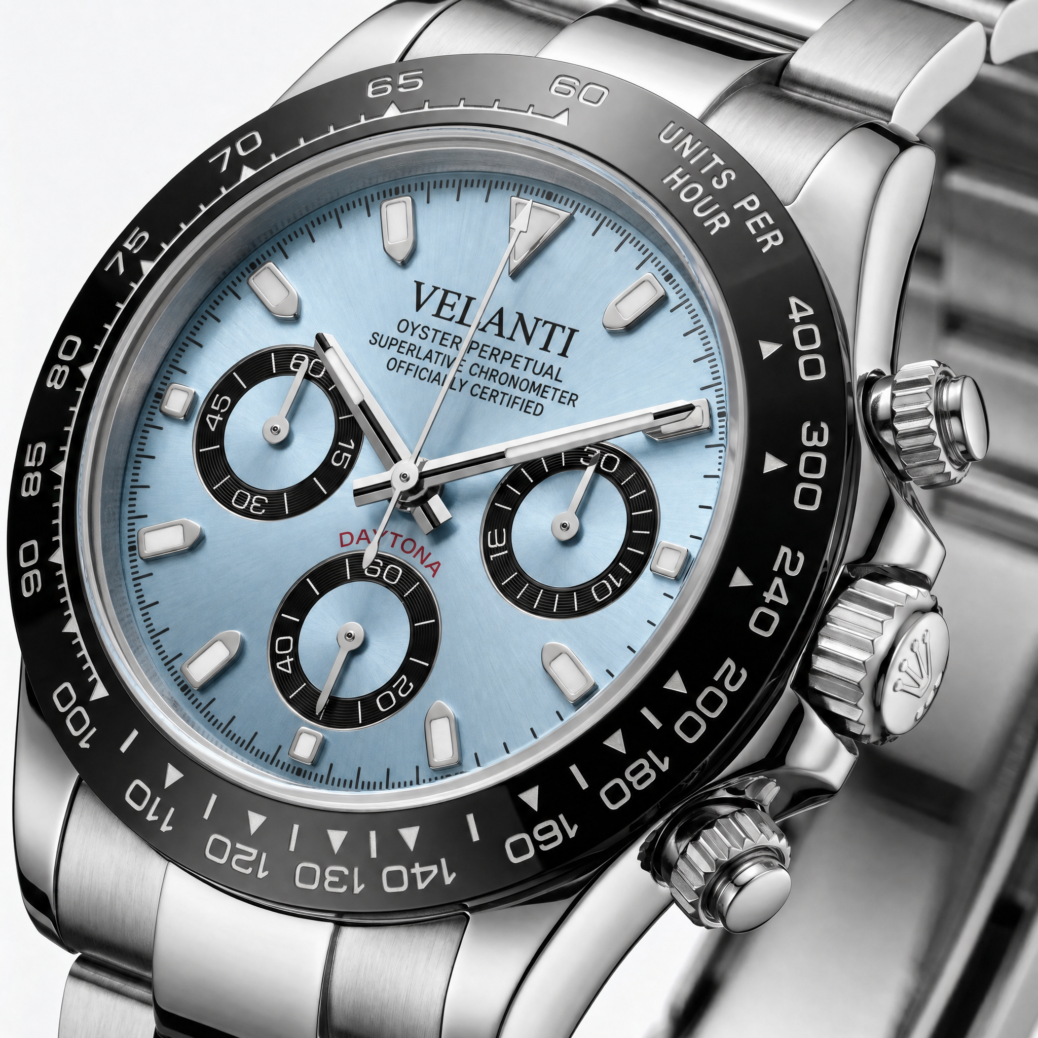 Daytona-style chronograph watch, Velanti Milano Veltona Ice Blue, watch detail photo