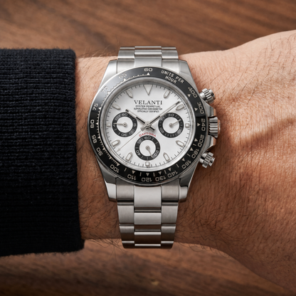 Daytona-style custom chronograph watch, Velanti Milano Veltona Panda worn on wrist