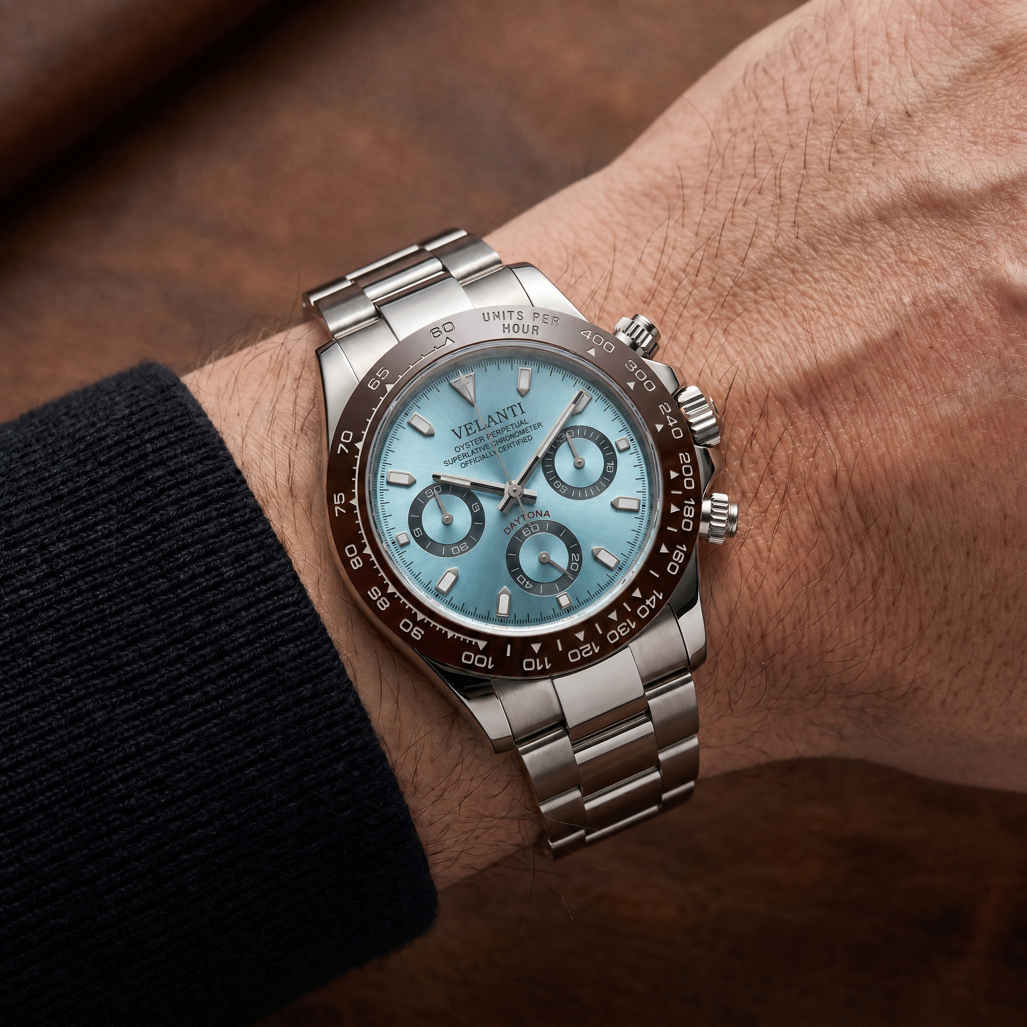 Daytona-style chronograph watch, Velanti Milano Veltona Platinum worn on wrist photo 4