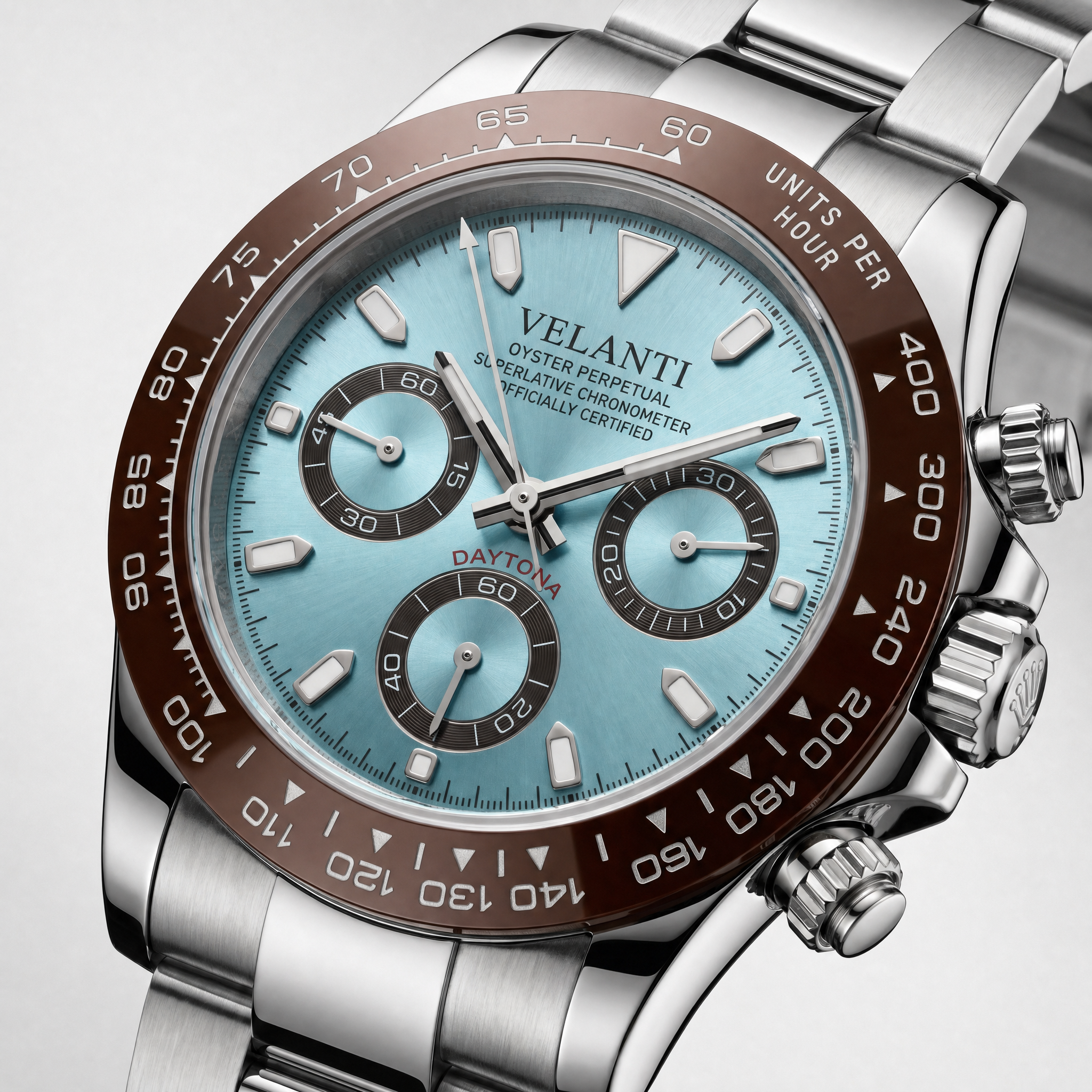 Daytona-style chronograph watch, Velanti Milano Veltona Platinum, watch detail photo 6