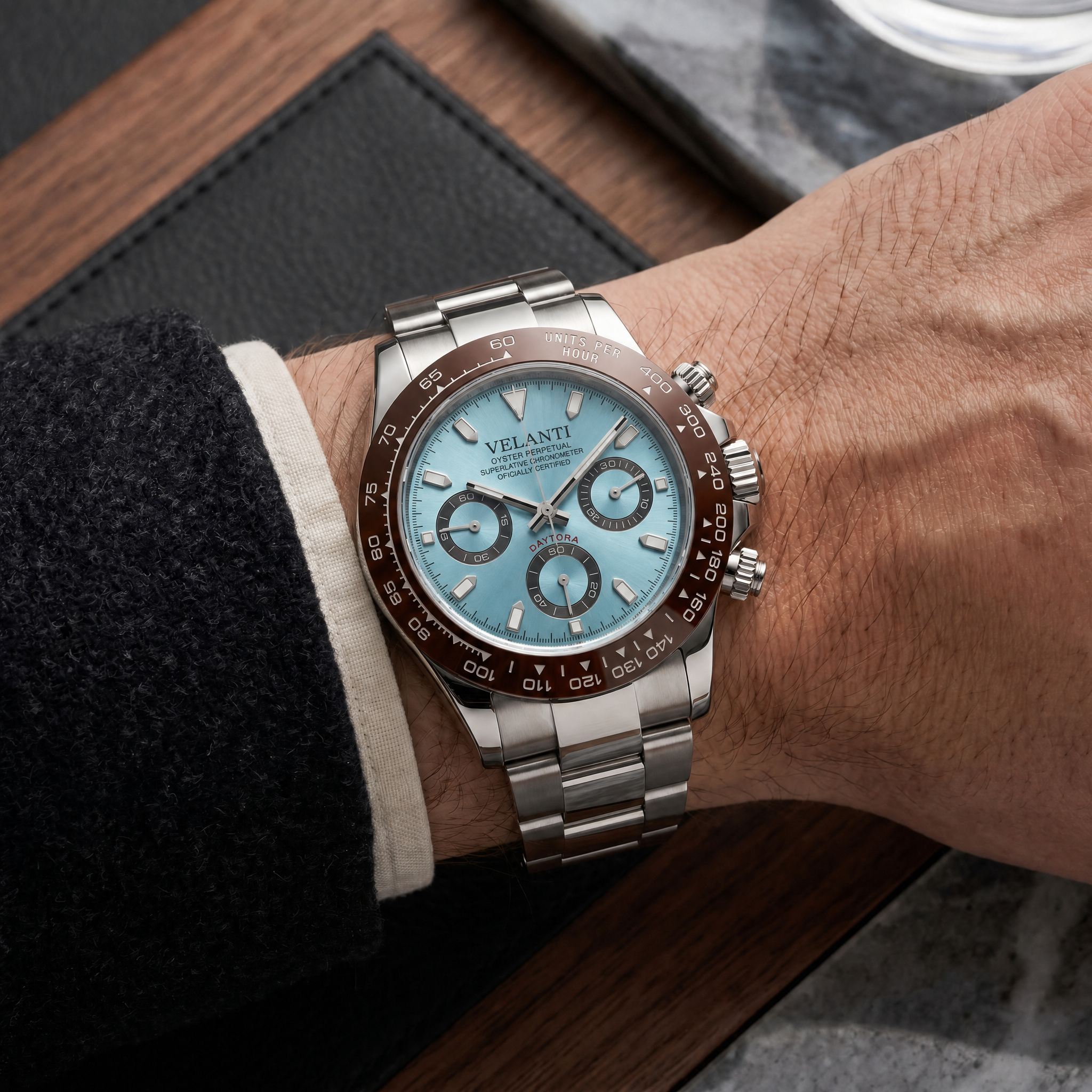 Daytona-style chronograph watch, Velanti Milano Veltona Platinum worn on wrist photo 8