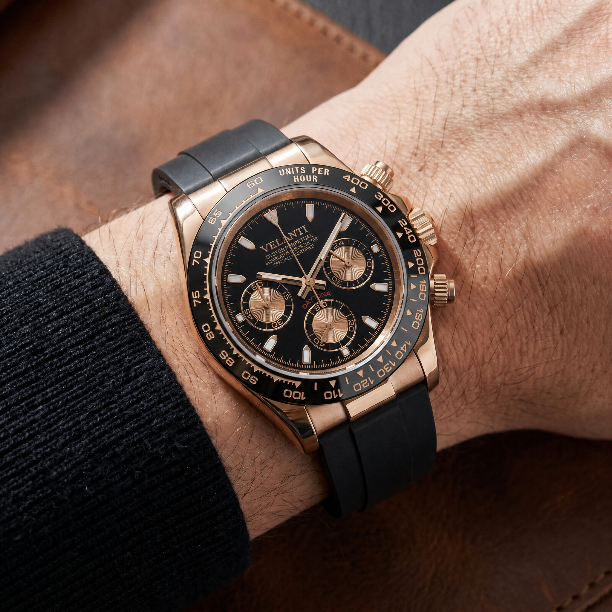 Daytona-style chronograph watch, Velanti Milano Veltona Rose Gold worn on wrist
