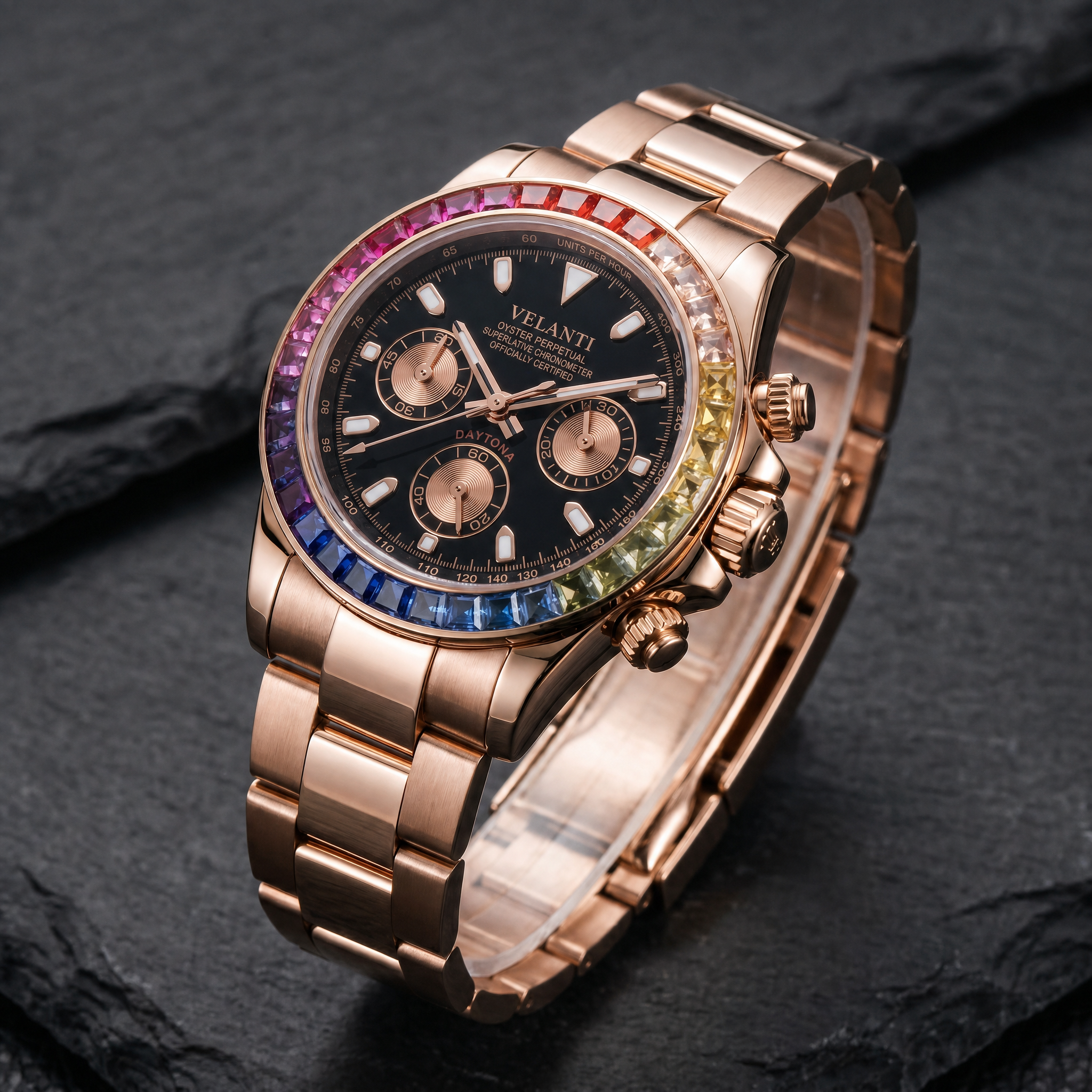 Daytona-style chronograph watch, Velanti Milano Veltona Rose Gold Rainbow, bracelet detail photo