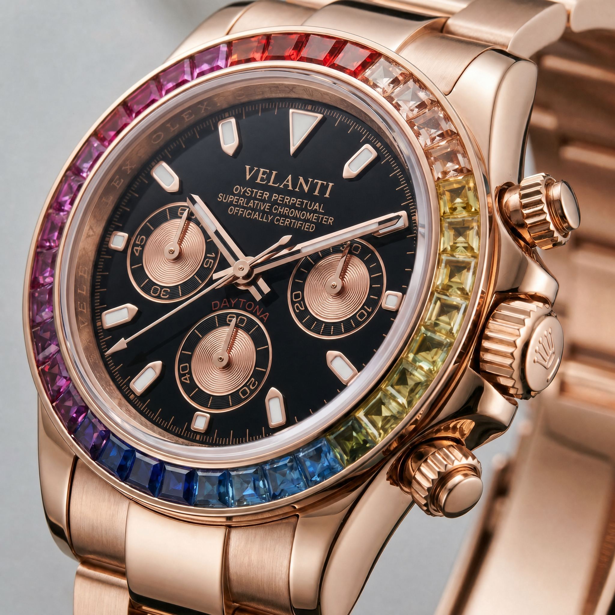 Daytona-style chronograph watch, Velanti Milano Veltona Rose Gold Rainbow, watch detail photo 9