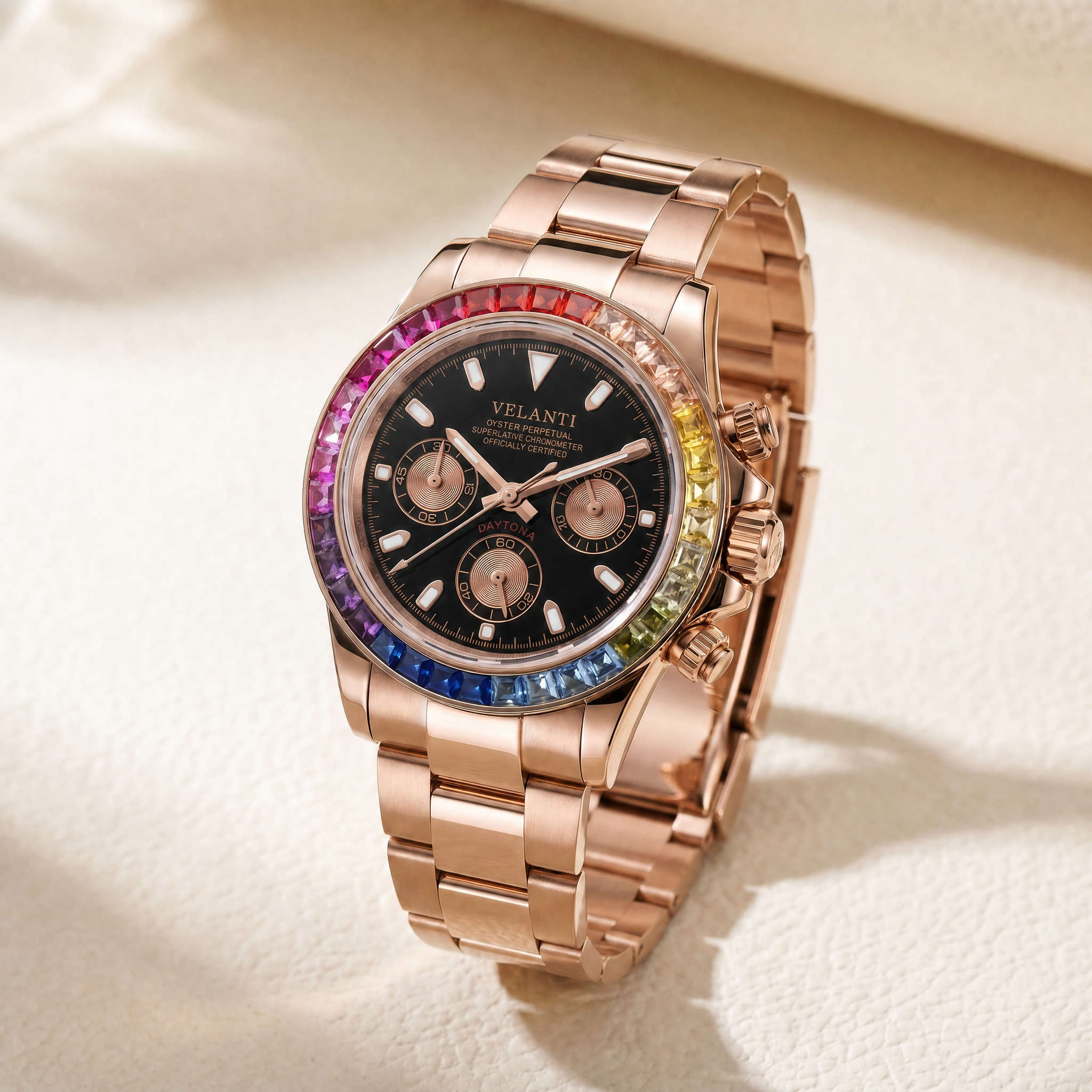 Daytona-style chronograph watch, Velanti Milano Veltona Rose Gold Rainbow, watch detail photo 10