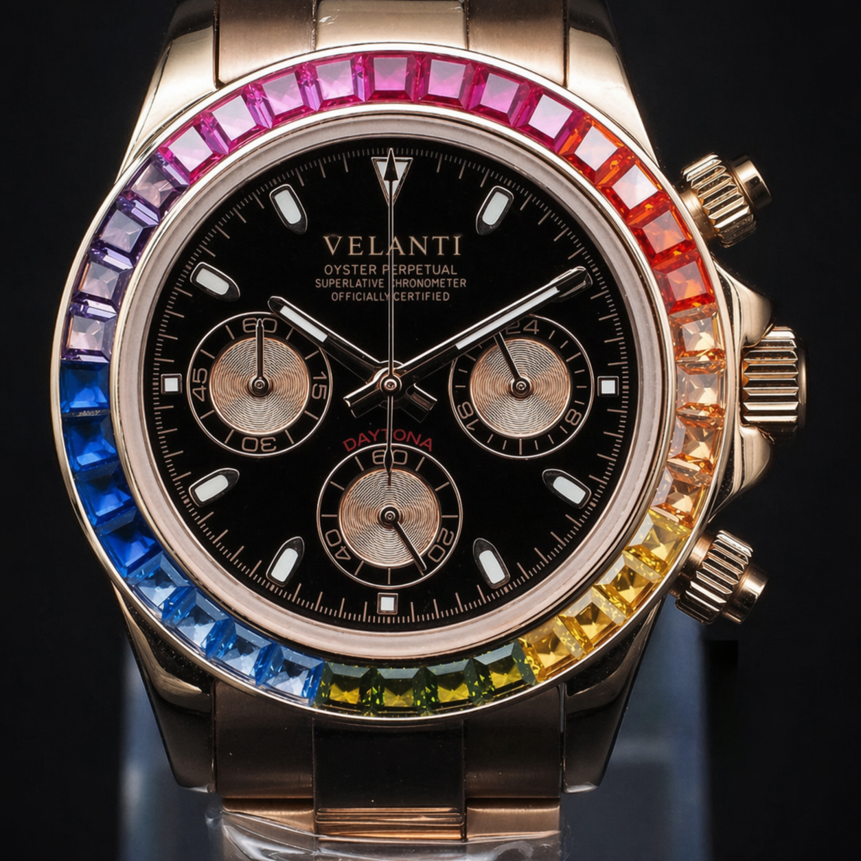 Daytona-style chronograph watch, Velanti Milano Veltona Rose Gold Rainbow, product photo 2