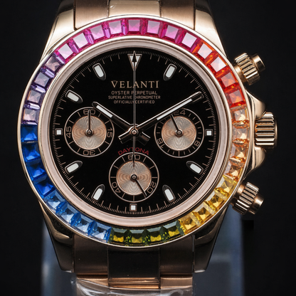 Daytona-style custom chronograph watch, Velanti Milano Veltona Rose Gold Rainbow, product photo 2