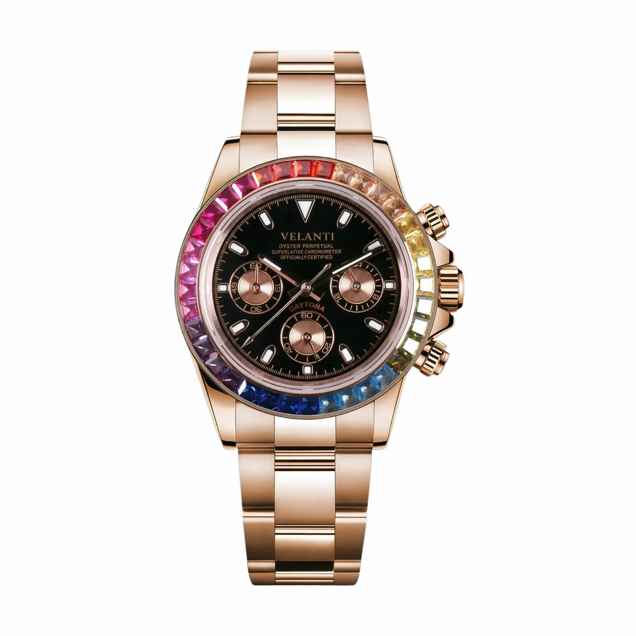 Daytona-style chronograph watch, Velanti Milano Veltona Rose Gold Rainbow, main product photo