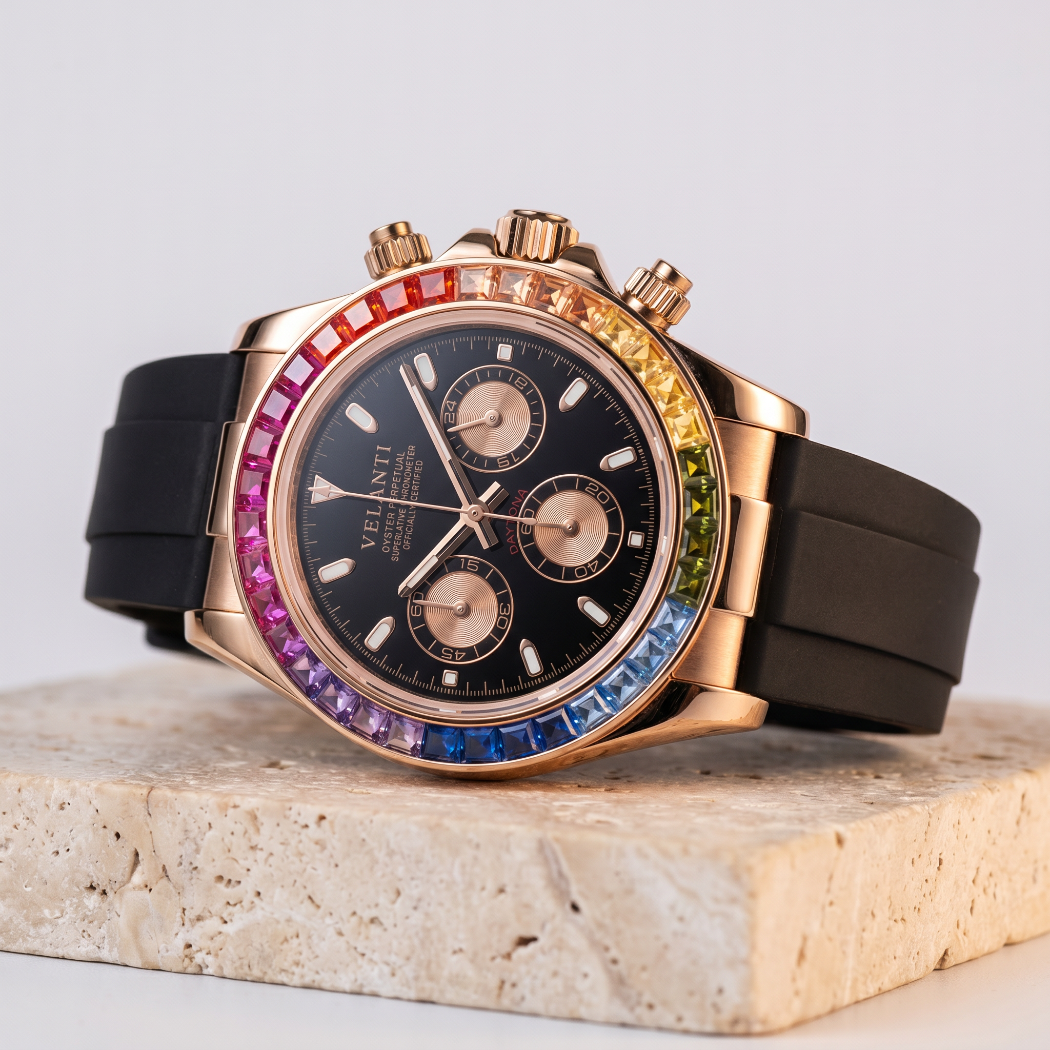 Daytona-style chronograph watch, Velanti Milano Veltona Rose Gold Rainbow, product photo 7