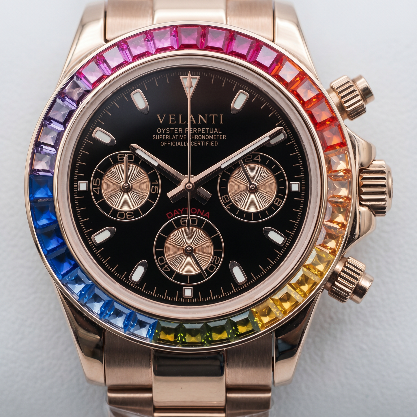 Daytona-style custom chronograph watch, Velanti Milano Veltona Rose Gold Rainbow, product photo 4