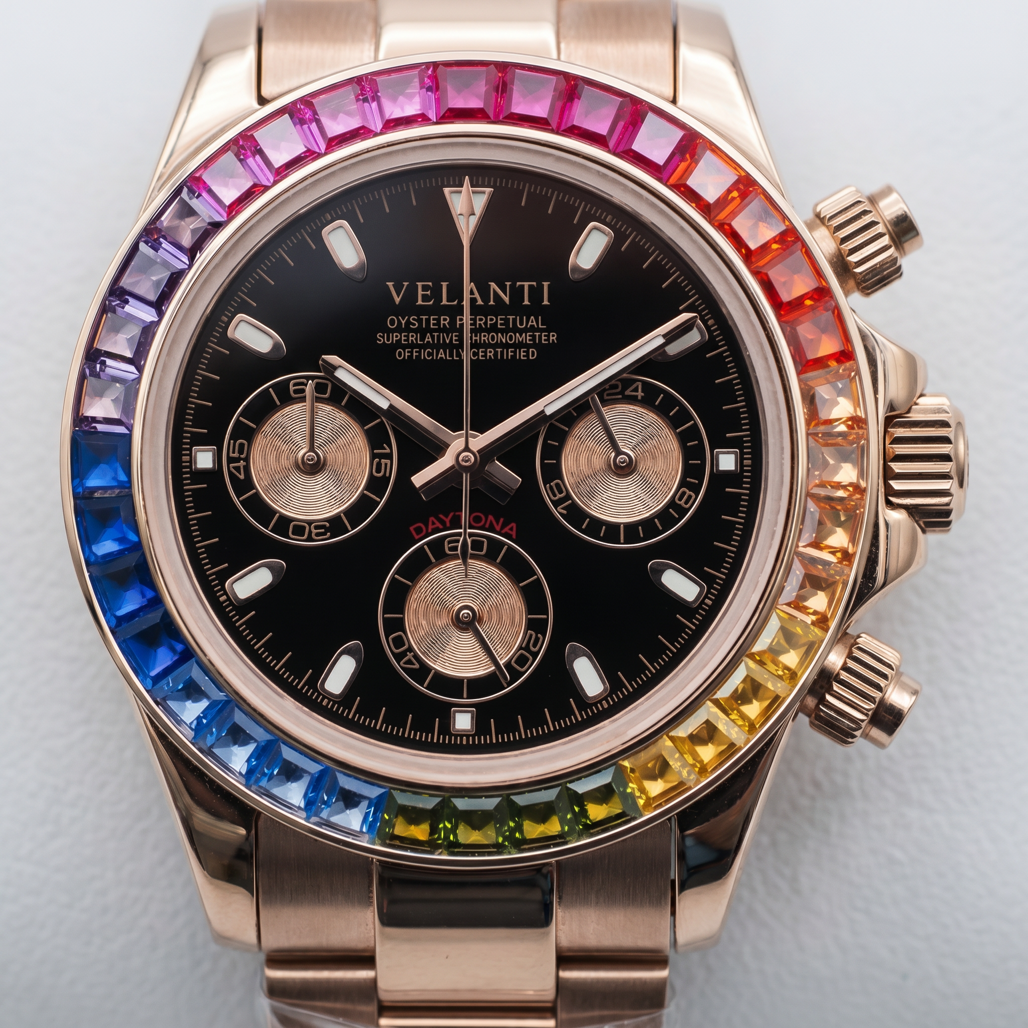 Daytona-style chronograph watch, Velanti Milano Veltona Rose Gold Rainbow, product photo 4