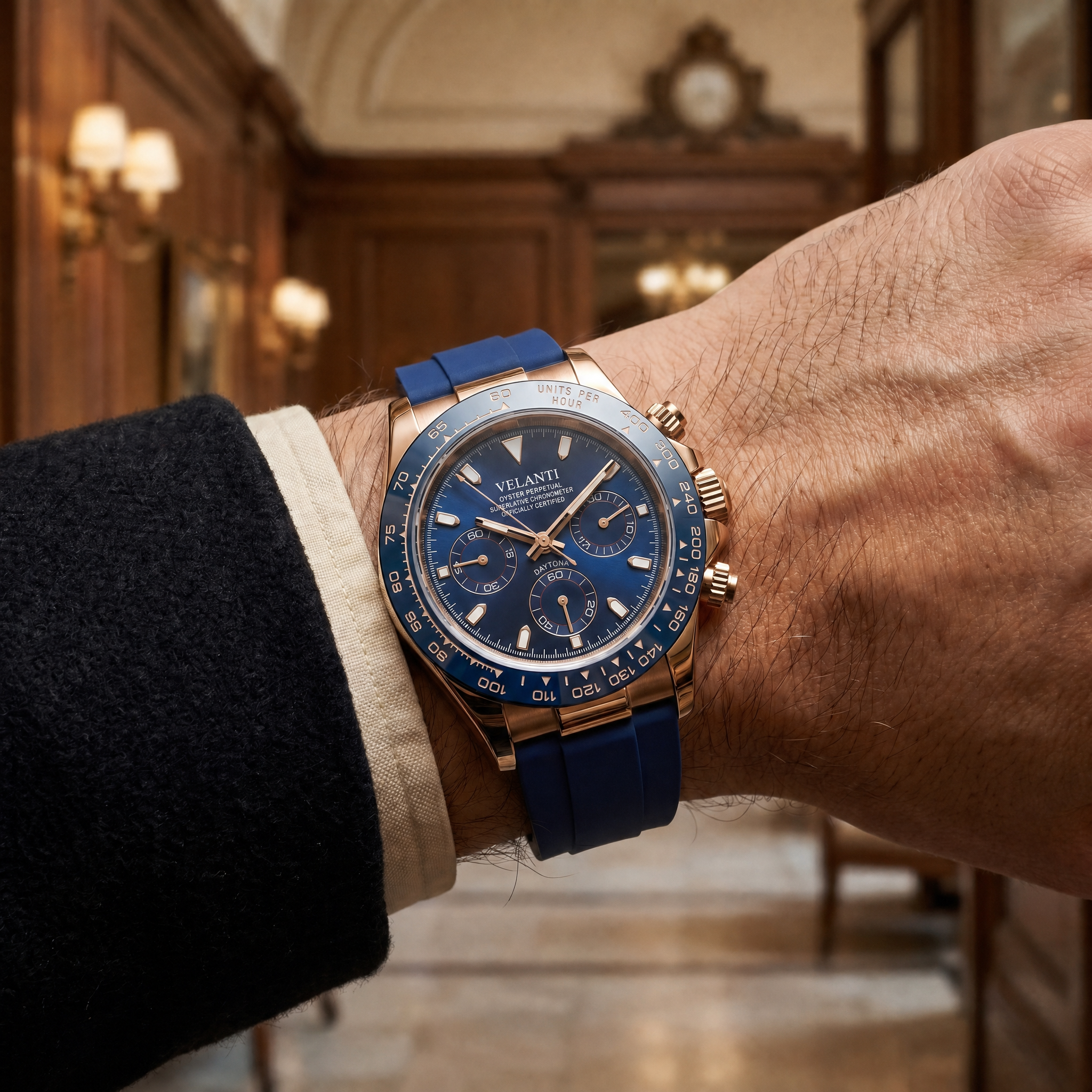 Daytona-style chronograph watch, Velanti Milano Veltona Royal Blue, product photo 3