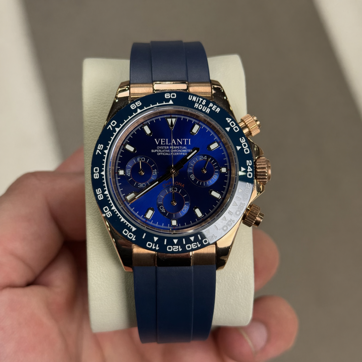 Daytona-style chronograph watch, Velanti Milano Veltona Royal Blue, product photo 2