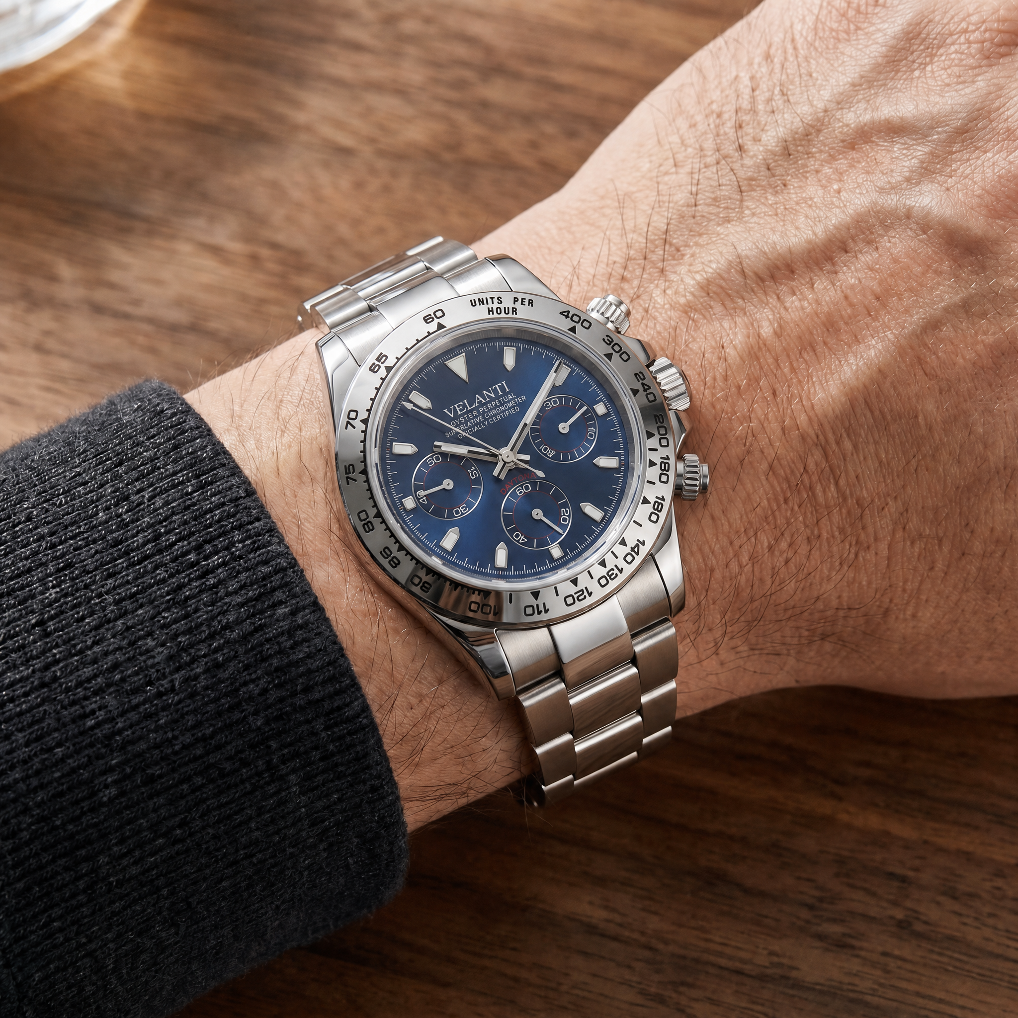 Daytona-style chronograph watch, Velanti Milano Veltona Silver Blue worn on wrist