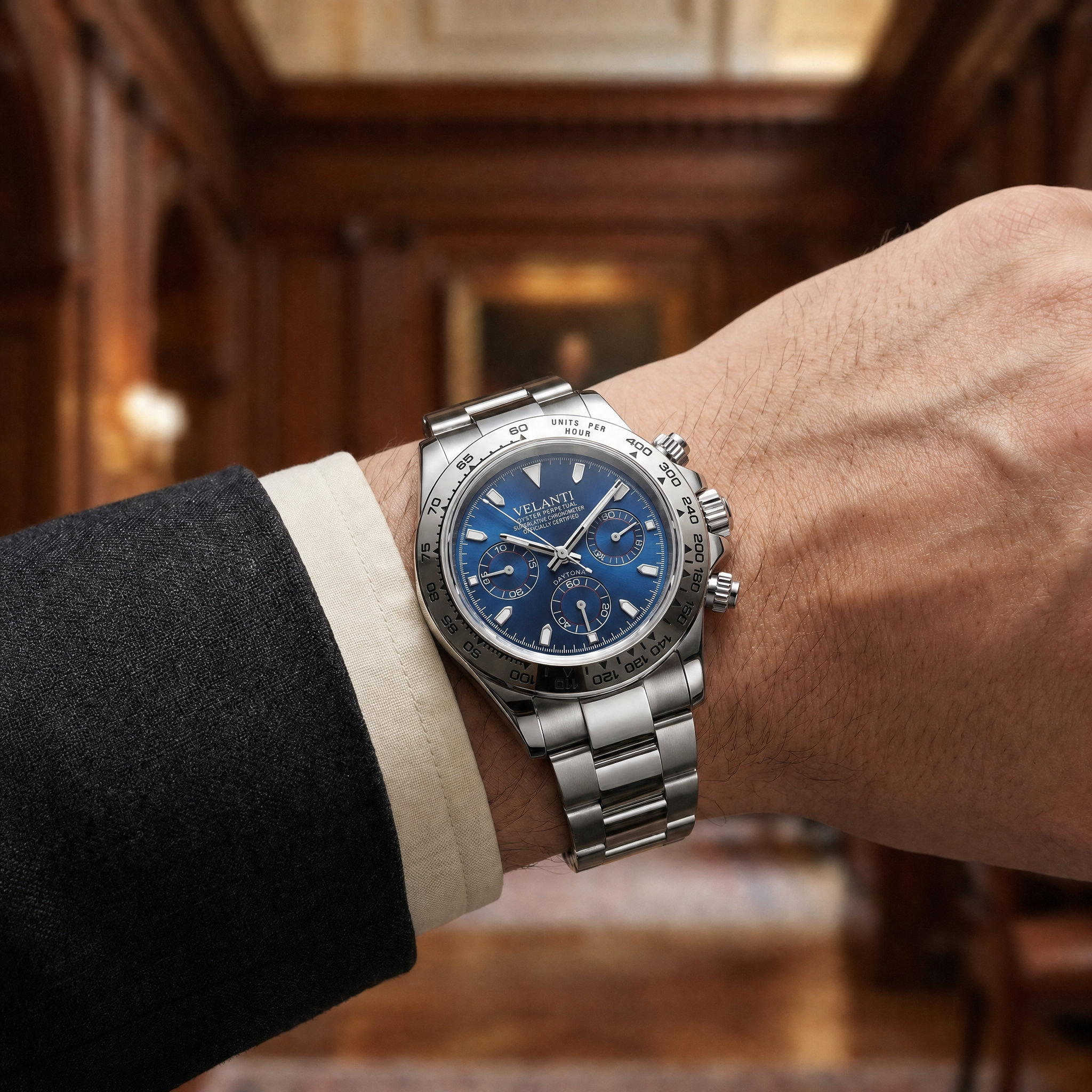 Daytona-style chronograph watch, Velanti Milano Veltona Silver Blue, product photo 4