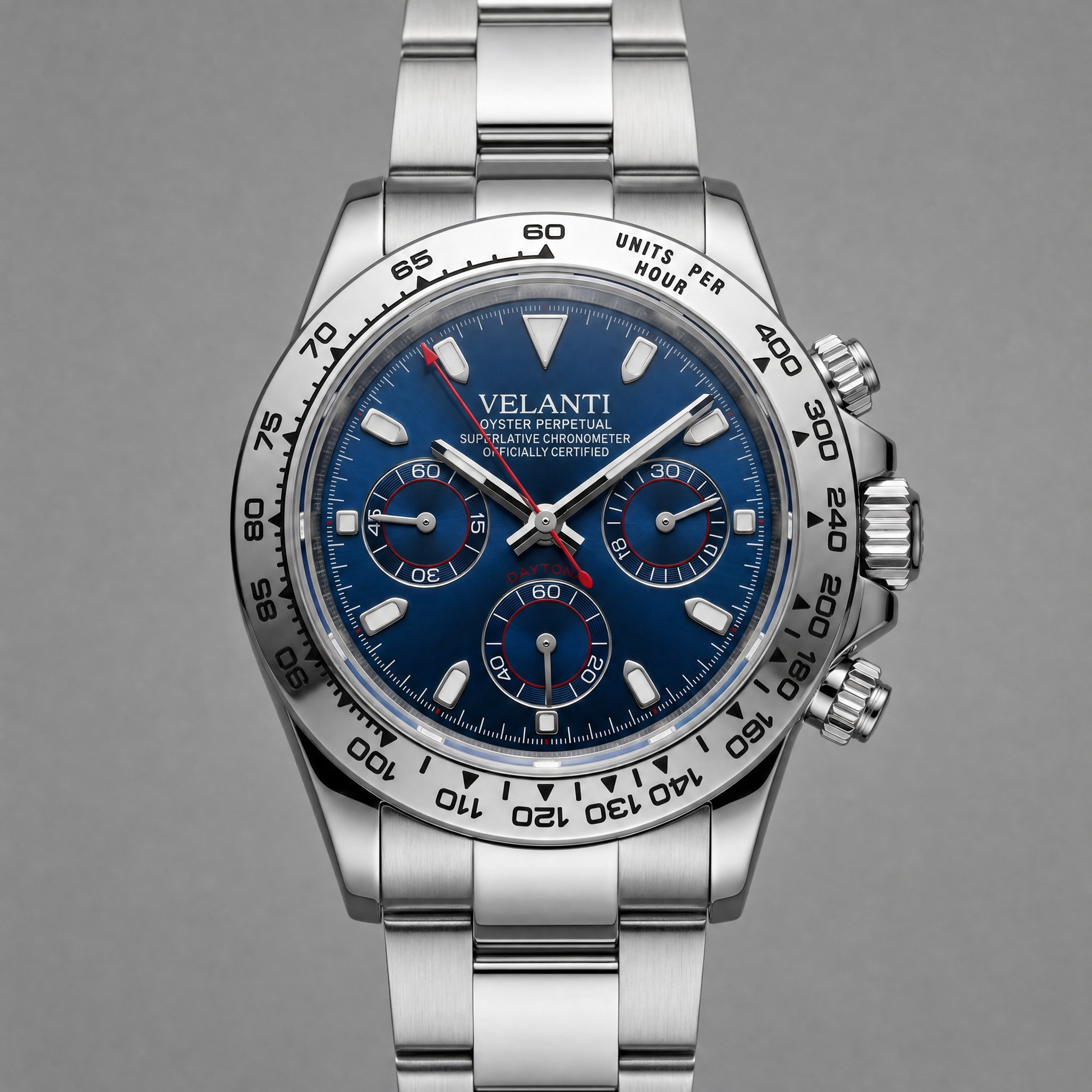 Daytona-style chronograph watch, Velanti Milano Veltona Silver Blue, watch detail photo 5