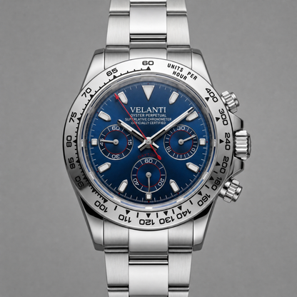 Daytona-style custom chronograph watch, Velanti Milano Veltona Silver Blue, watch detail photo 5