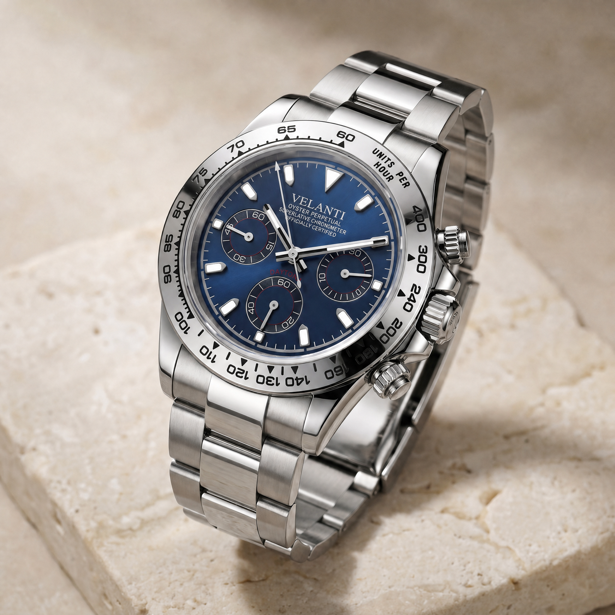 Daytona-style chronograph watch, Velanti Milano Veltona Silver Blue, watch detail photo 6