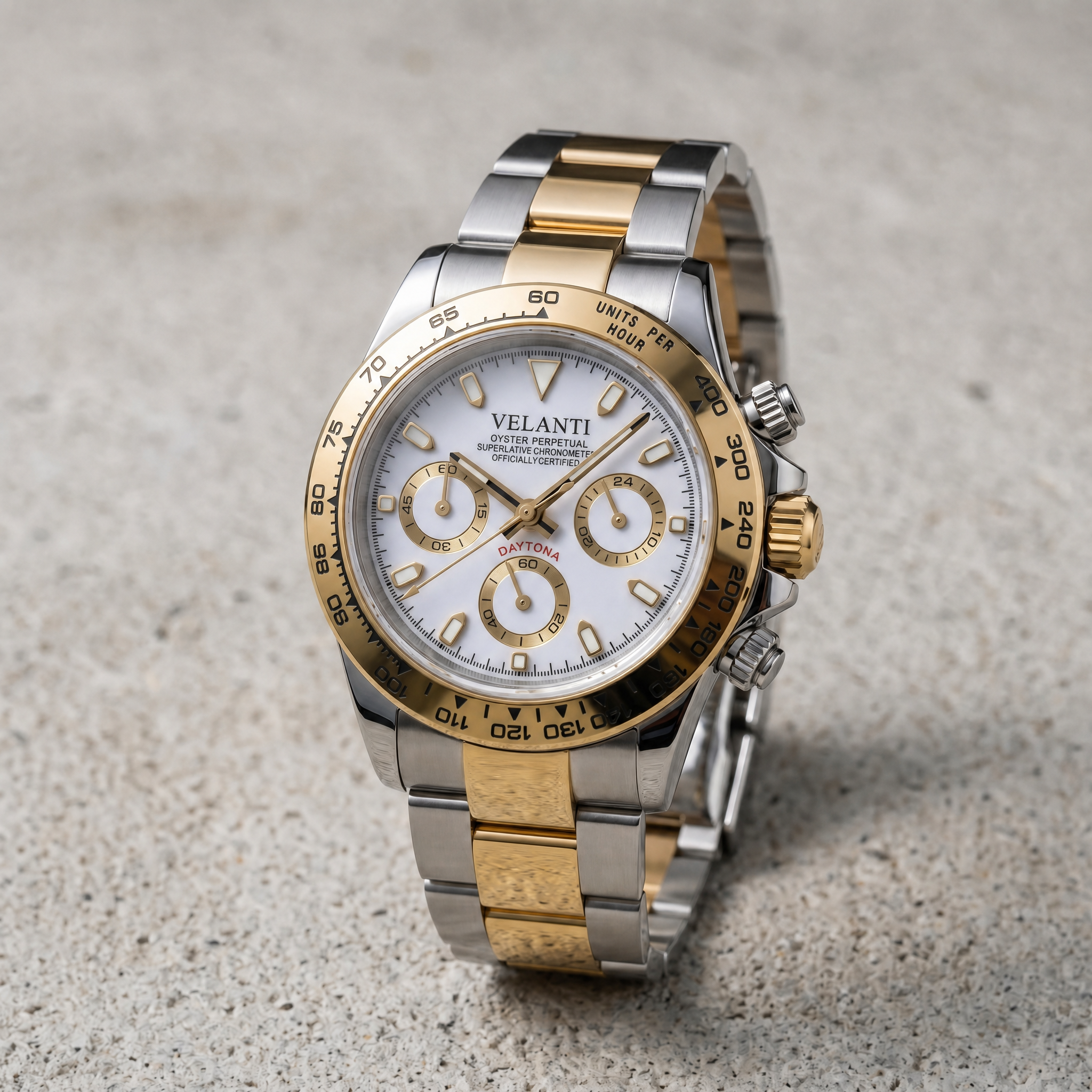 Daytona-style chronograph watch, Velanti Milano Veltona Silver Gold (White), bracelet detail photo