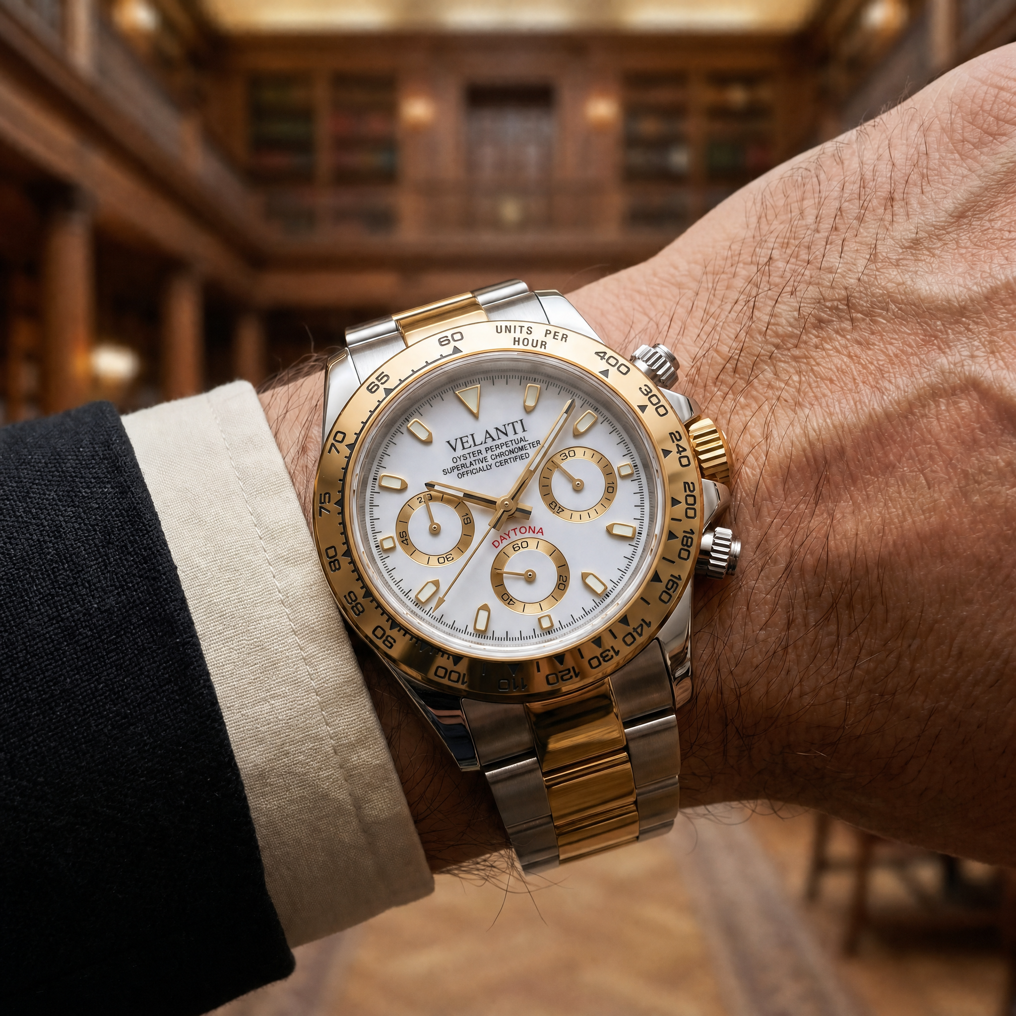 Daytona-style chronograph watch, Velanti Milano Veltona Silver Gold (White), product photo 6