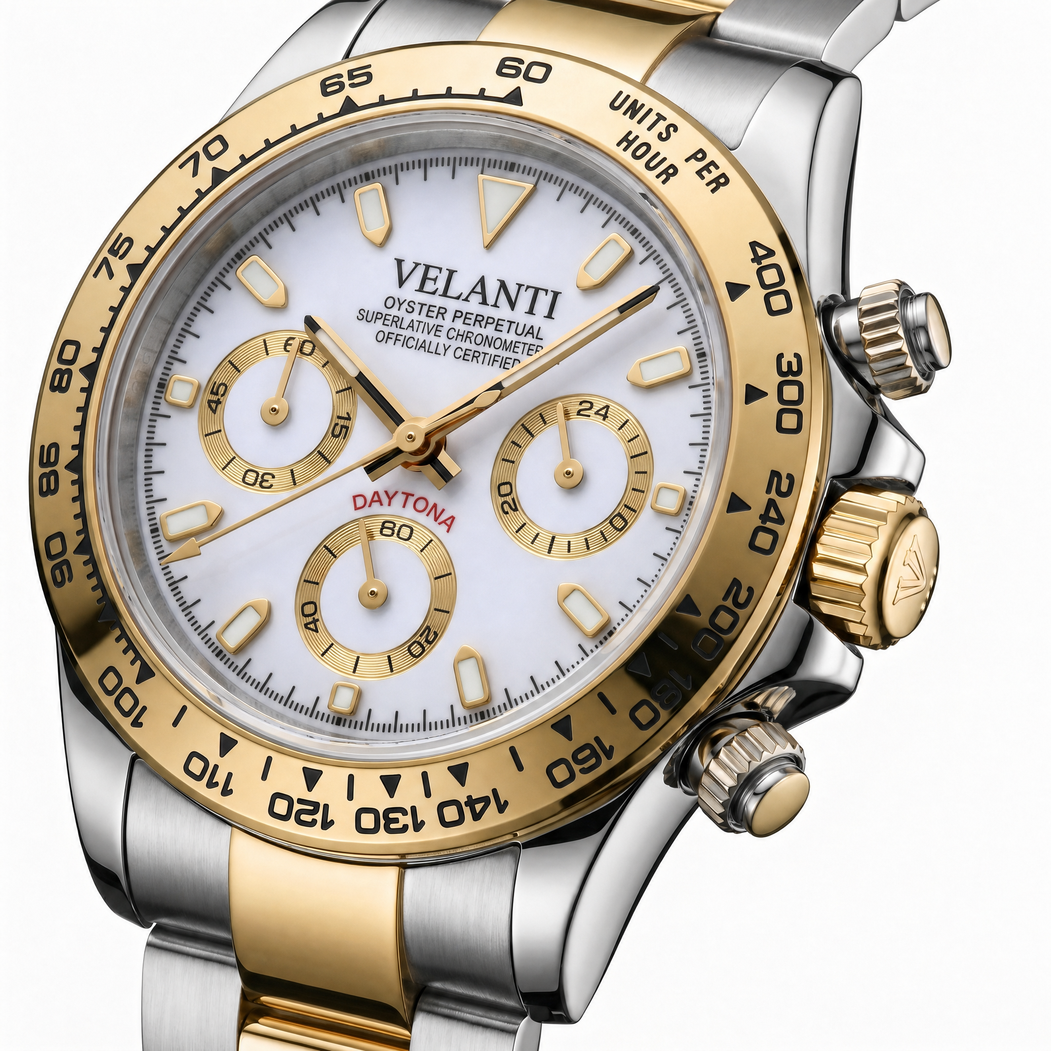 Daytona-style chronograph watch, Velanti Milano Veltona Silver Gold (White), watch detail photo 7