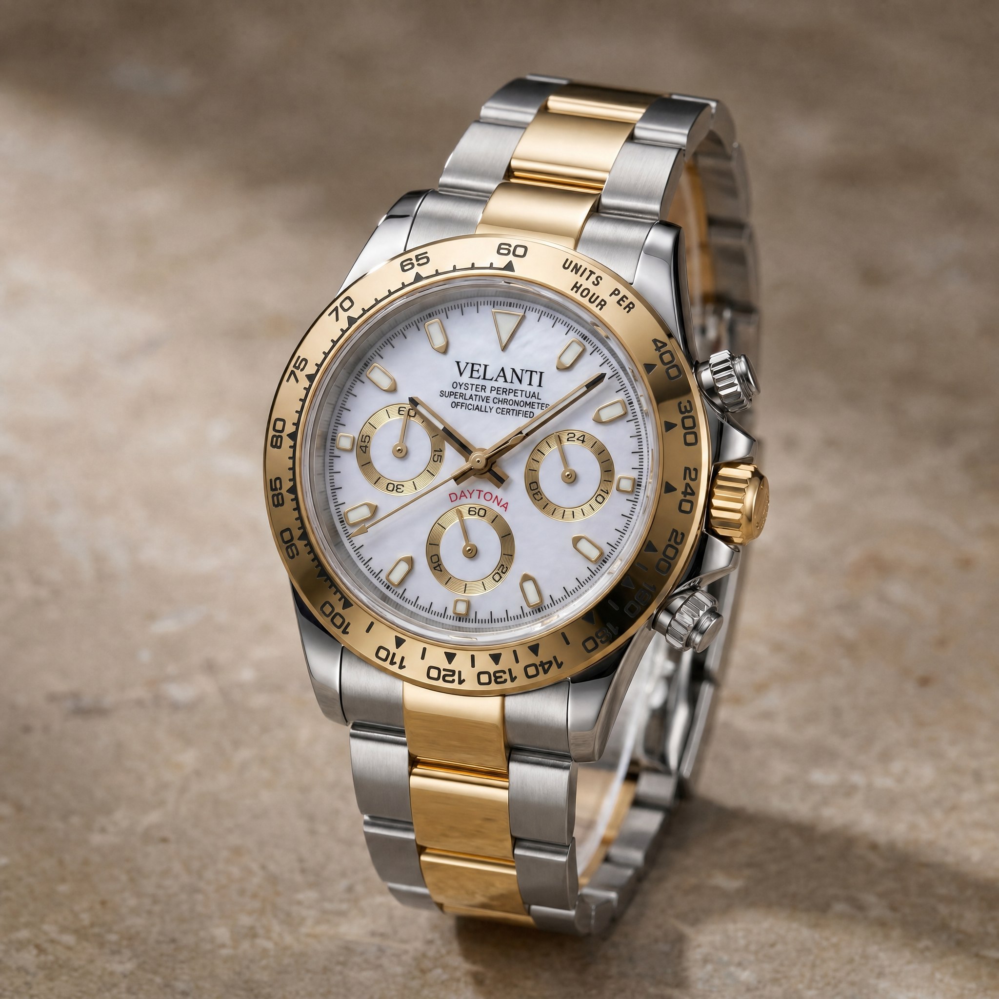 Daytona-style chronograph watch, Velanti Milano Veltona Silver Gold (White), watch detail photo 8