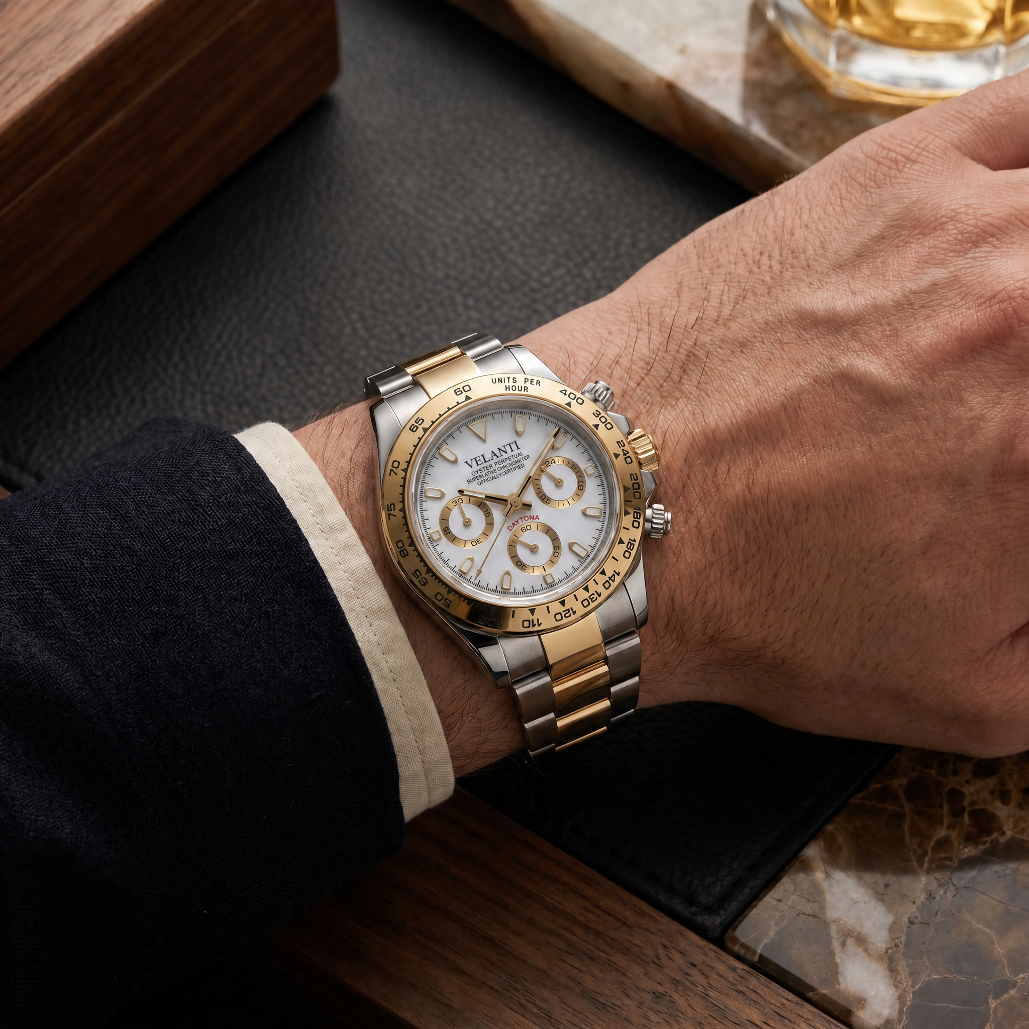 Daytona-style chronograph watch, Velanti Milano Veltona Silver Gold (White) worn on wrist