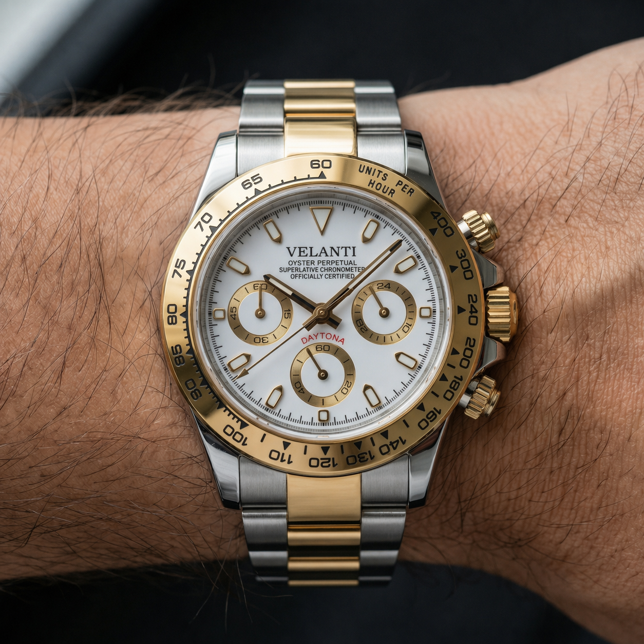 Daytona-style chronograph watch, Velanti Milano Veltona Silver Gold (White), product photo 2