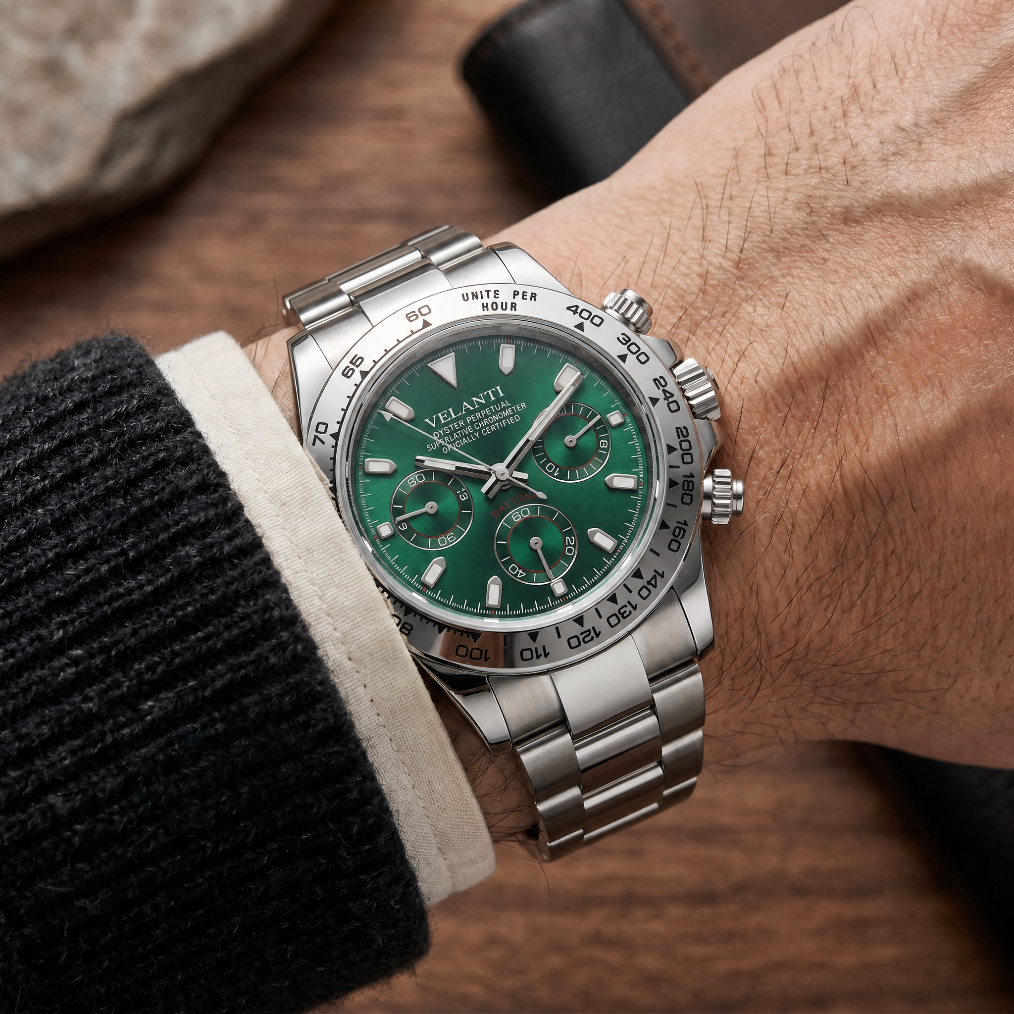Daytona-style chronograph watch, Velanti Milano Veltona Silver Green, product photo 6